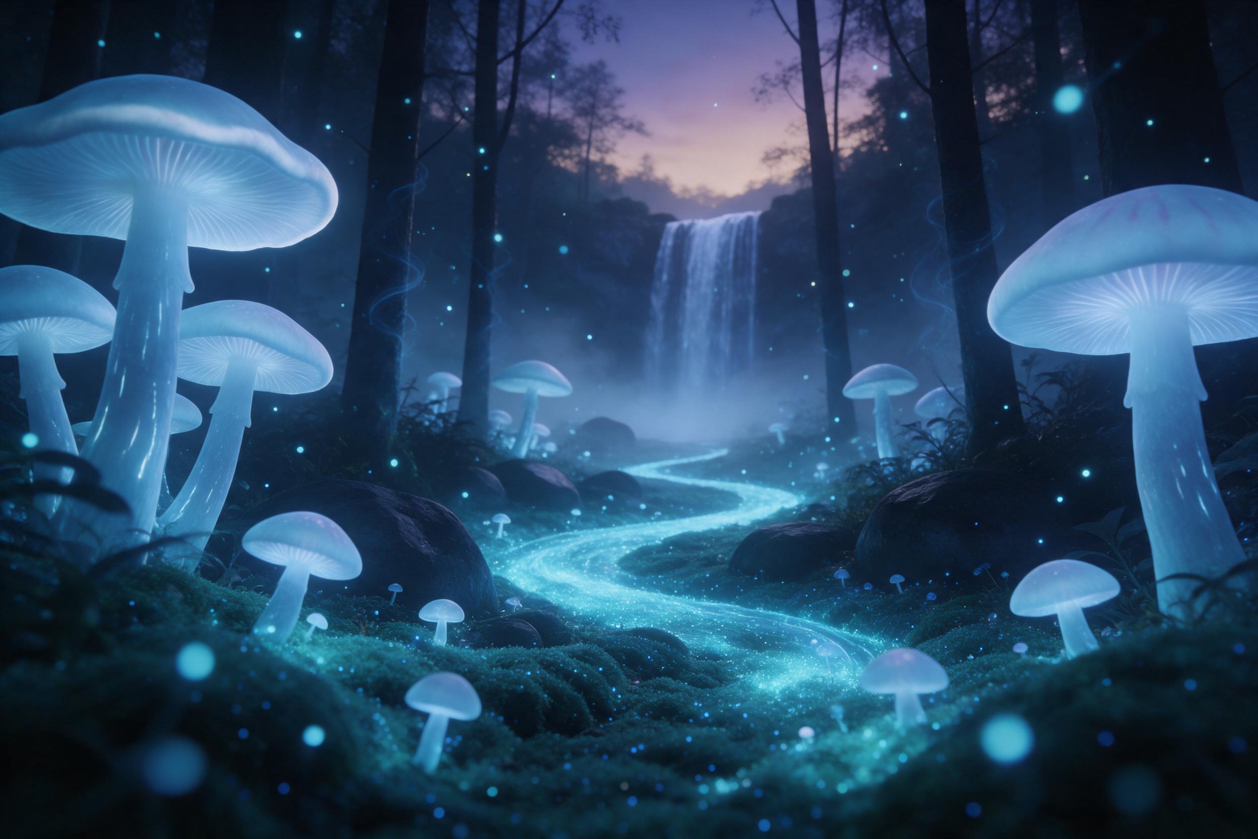 A misty bioluminescent forest at twilight, giant glowing mushrooms casting soft blue light, a winding path of luminescent moss leading to a distant silver waterfall, fireflies drifting like stars, subtle fog, soft diffused glow, whimsical and ethereal, cinematic composition with foreground framing b