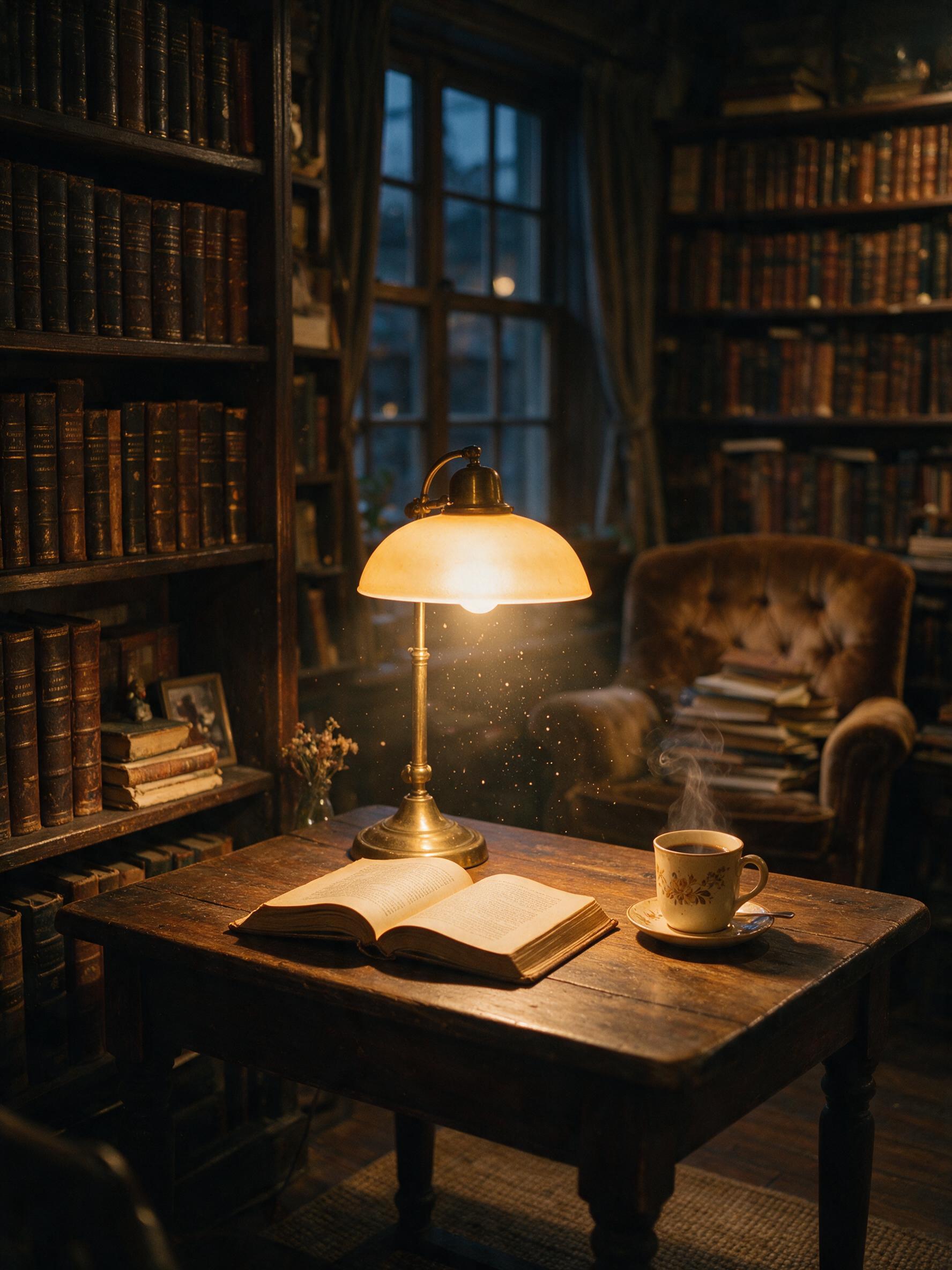 A cozy corner of a vintage bookstore at dusk, warm amber light spilling from a brass desk lamp onto an open book, shelves lined with aged leather-bound volumes, a steaming cup of coffee on the wooden table, soft dust motes floating in the golden light, slight film grain, shallow depth of field focus