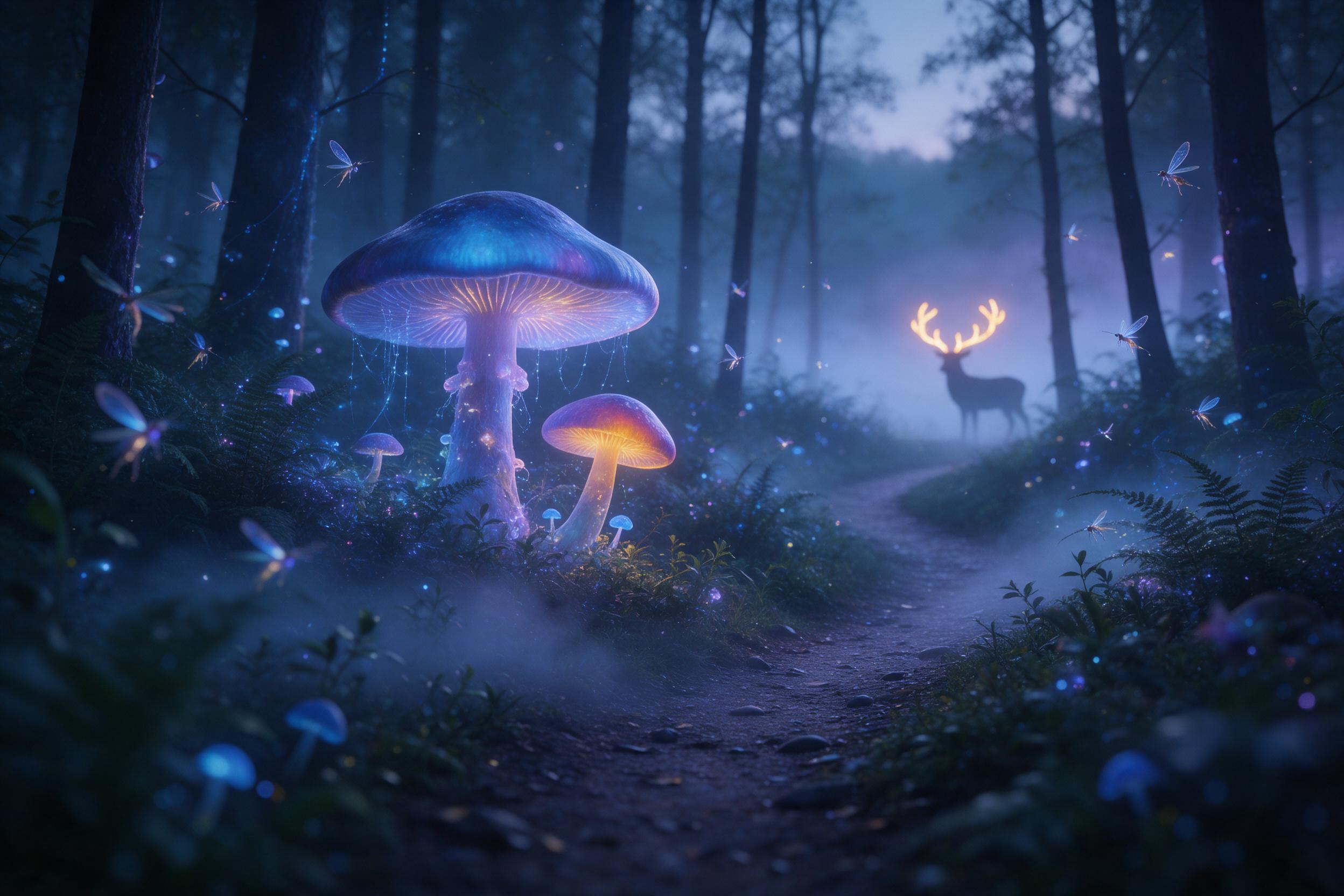 A misty bioluminescent forest at twilight, giant glowing mushrooms casting soft blue and violet light onto a winding path, tiny winged creatures flitting between ferns, ethereal fog curling low, silhouette of a deer with glowing antlers in the distance, dreamlike atmosphere, shallow depth of field