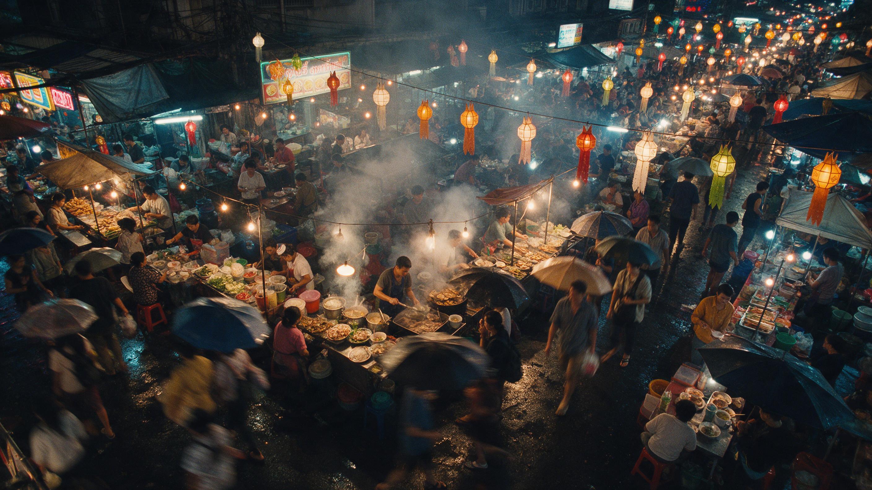 Overhead view of a busy night market in Bangkok, steam rising from food stalls, colorful hanging lanterns, neon signs reflecting on wet asphalt, patrons with umbrellas, motion blur from crowds, warm tungsten light mixed with cool blue tones, shot on 35mm film with slight grain