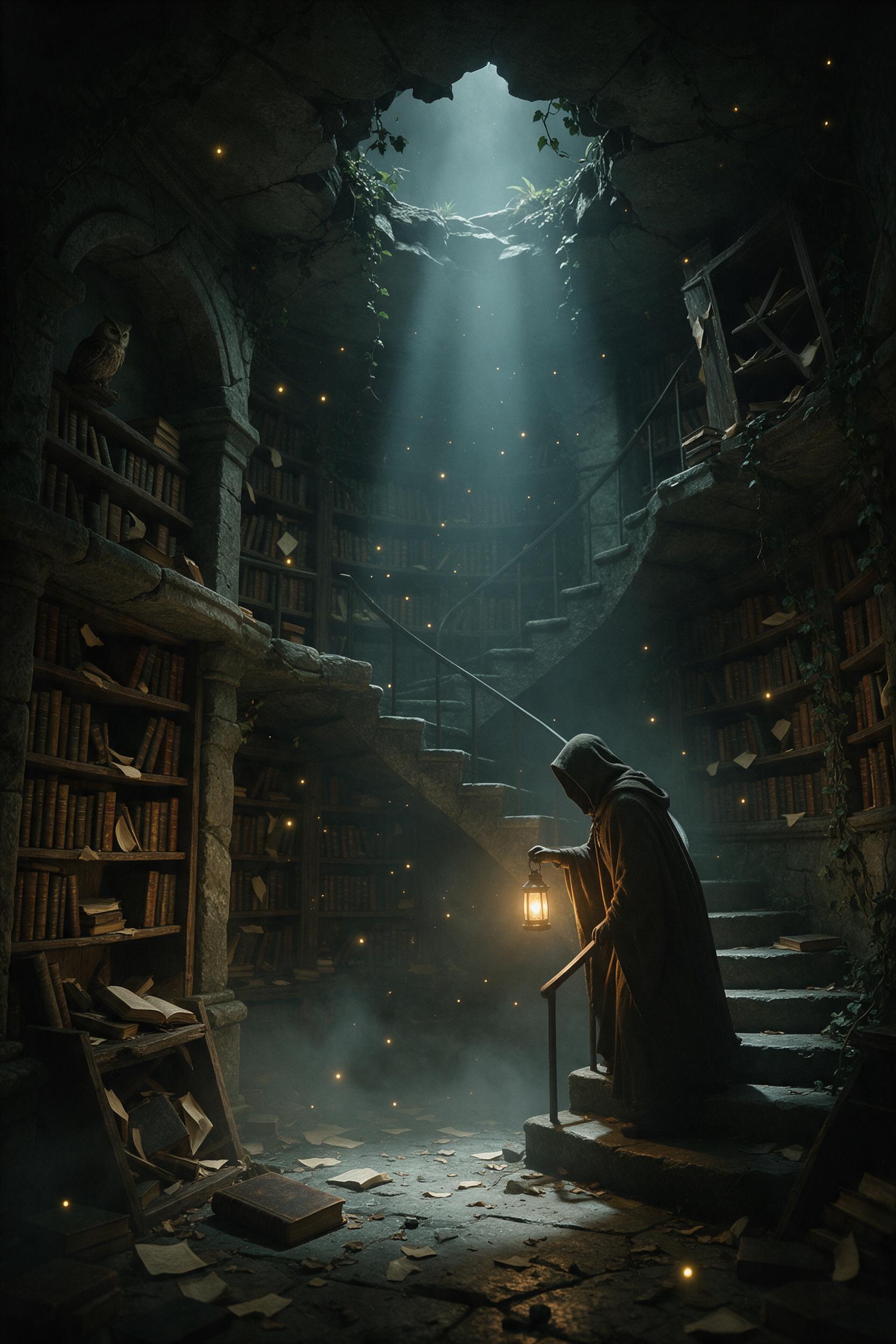 A forgotten library hidden in a forest, ivy-covered stone walls, shelves of ancient books lit by fireflies and a single beam of moonlight through a broken ceiling. A cloaked figure with a lantern descends a spiral staircase, shadows dancing. Soft mist, muted greens and golds, cinematic composition.