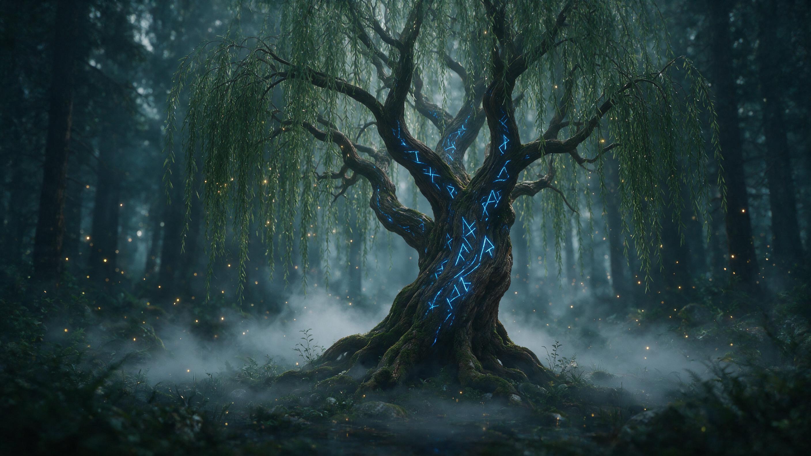 In a misty, enchanted forest, an ancient willow tree with glowing blue runes carved into its bark, surrounded by tiny, floating fireflies casting a soft bioluminescent light, ethereal fog pooling at the roots, shallow depth of field, cinematic composition, moody atmosphere