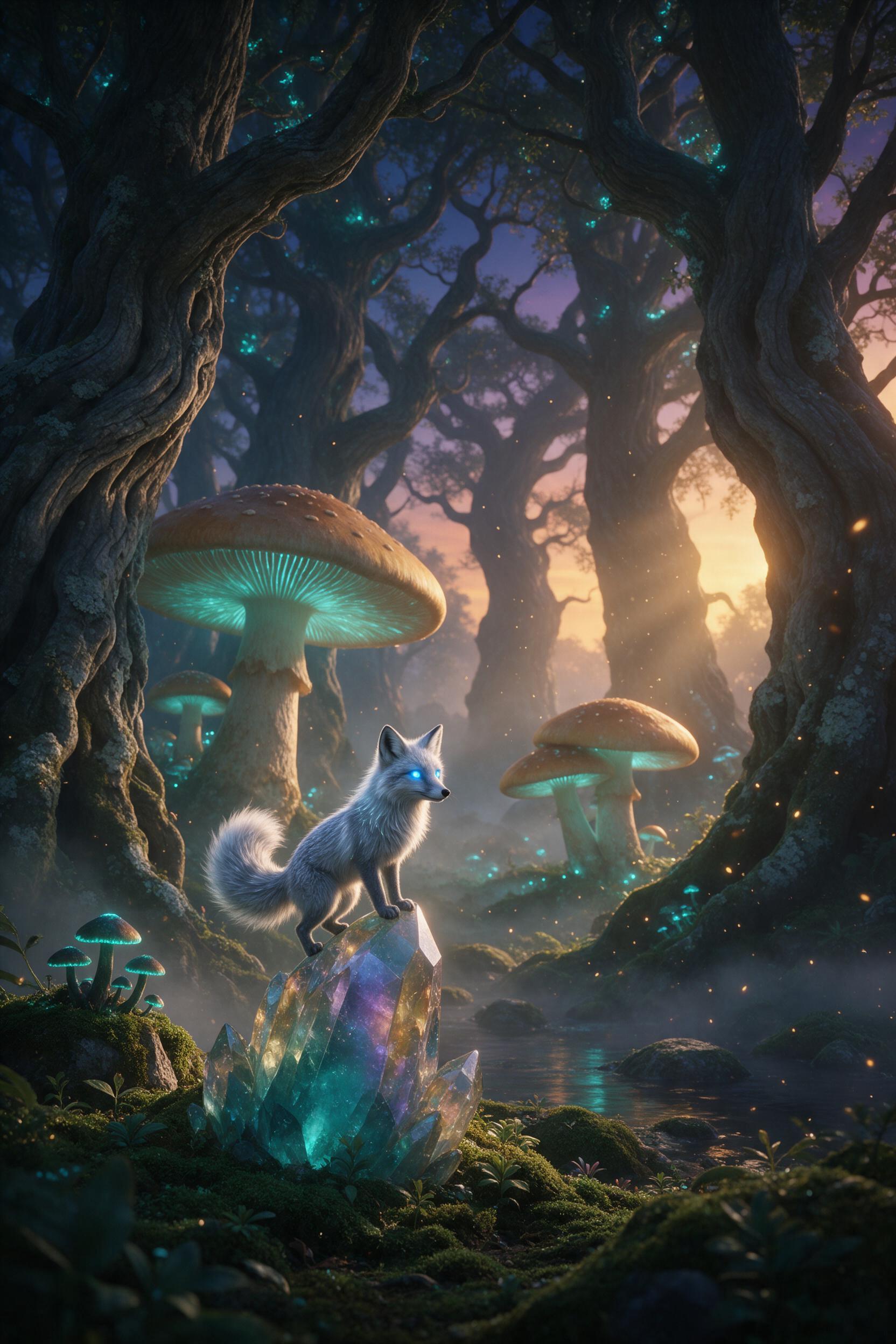 A bioluminescent forest at twilight, giant glowing mushrooms casting soft teal light on mossy ground, a silver fox with ethereal blue eyes standing on a crystal rock, misty air with floating pollen sparks, gentle fog between ancient twisted trees, warm golden sunset glow breaking through canopy, sha
