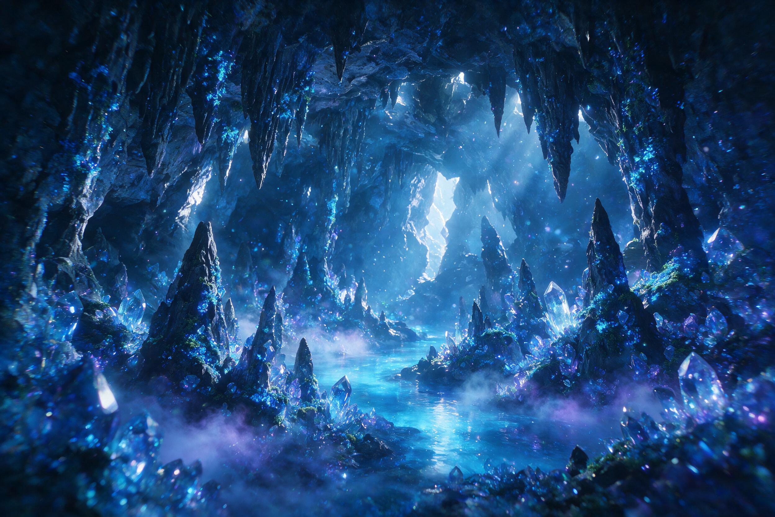 A luminous glowing crystal cave with floating ethereal motes, bioluminescent moss on jagged rocks, deep blue and purple hues, soft misty atmosphere, natural light rays filtering through cracks, slight camera shake effect, mystical ambiance