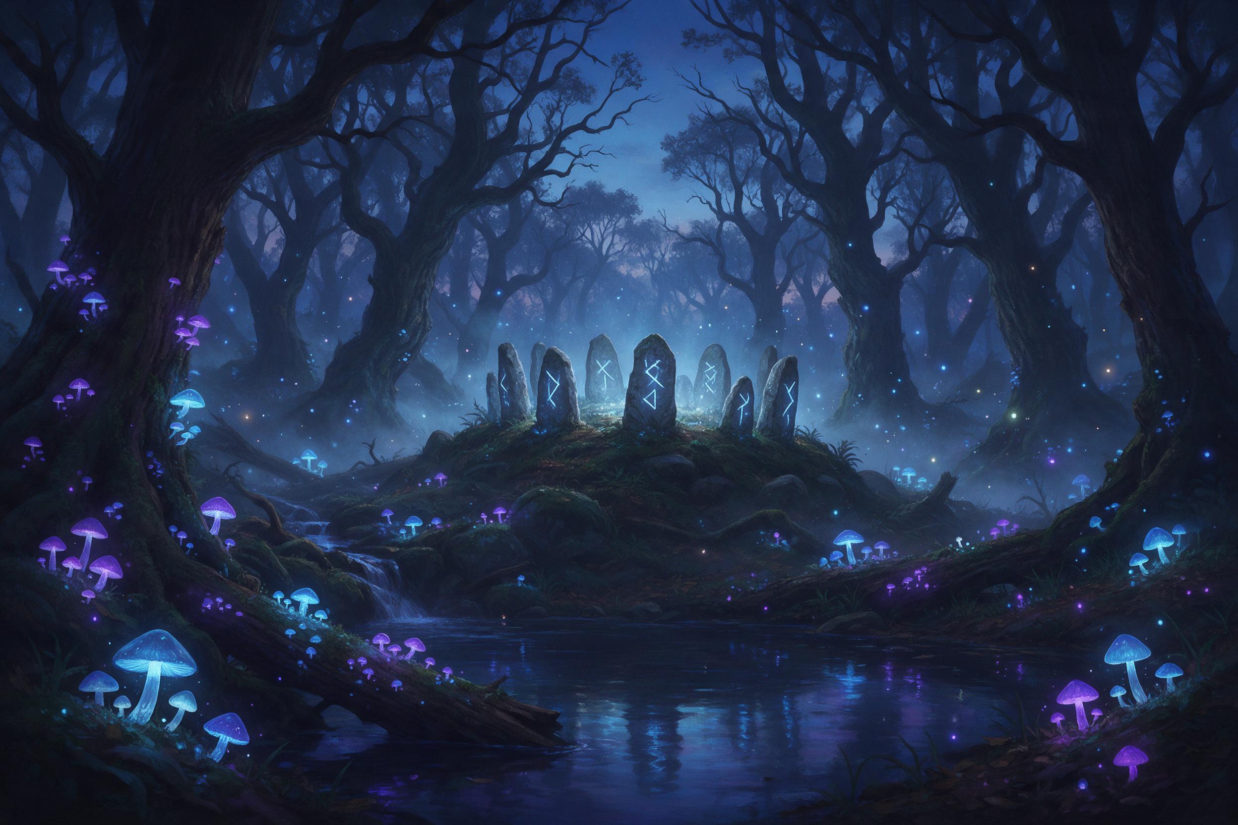 A mystical forest clearing at dusk, bioluminescent mushrooms glow in blue and purple, a small stone circle with runes emits soft light, mist rolls between ancient twisted trees, fireflies drift, water reflections in a dark pond, ethereal cinematic lighting, painterly fantasy art style