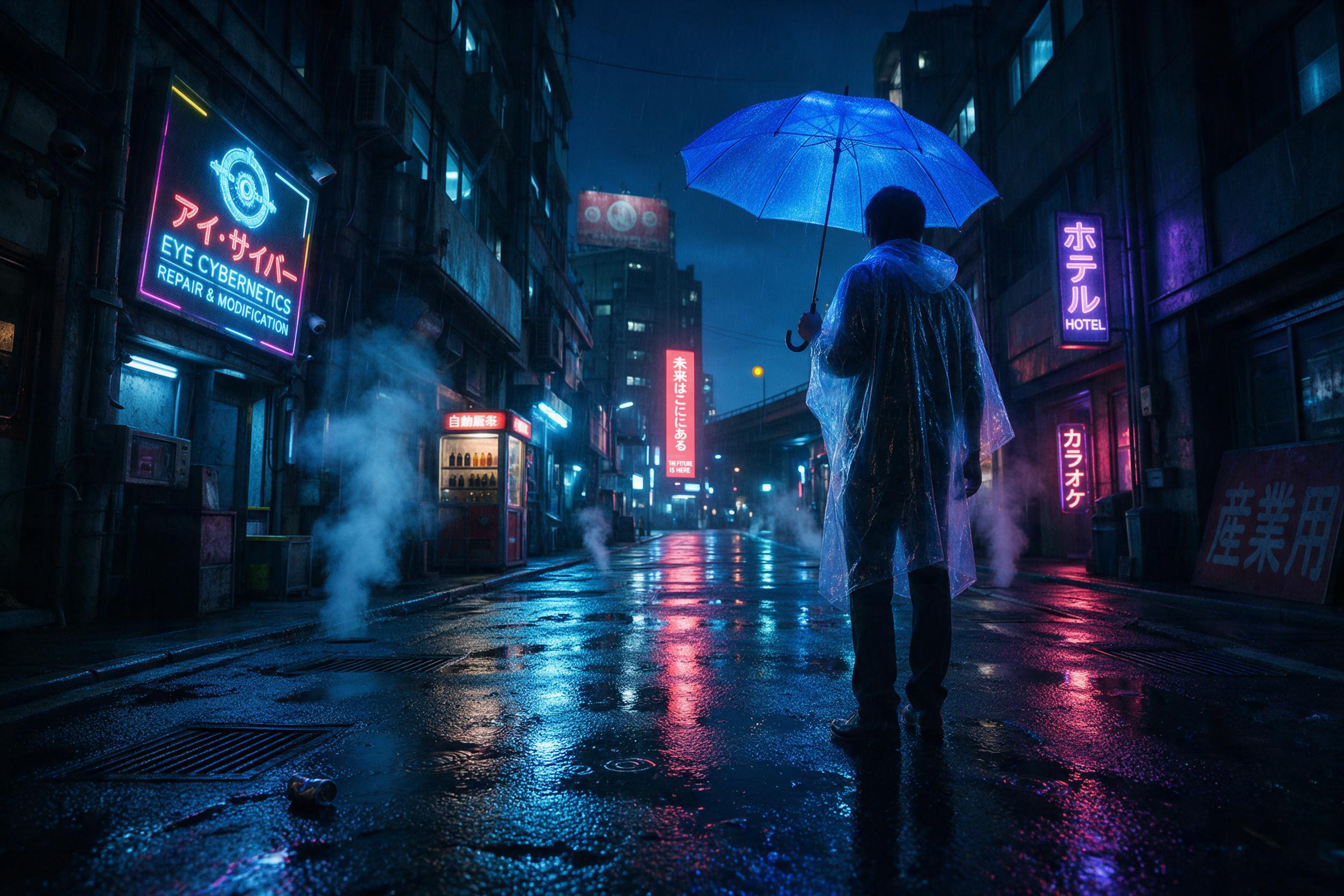 Neon-lit rainy alley in Neo-Tokyo, holographic shop signs reflecting on wet asphalt, lone figure in transparent poncho under glowing blue umbrella, steam rising from vents, cinematic low-angle shot, cinematic lighting
