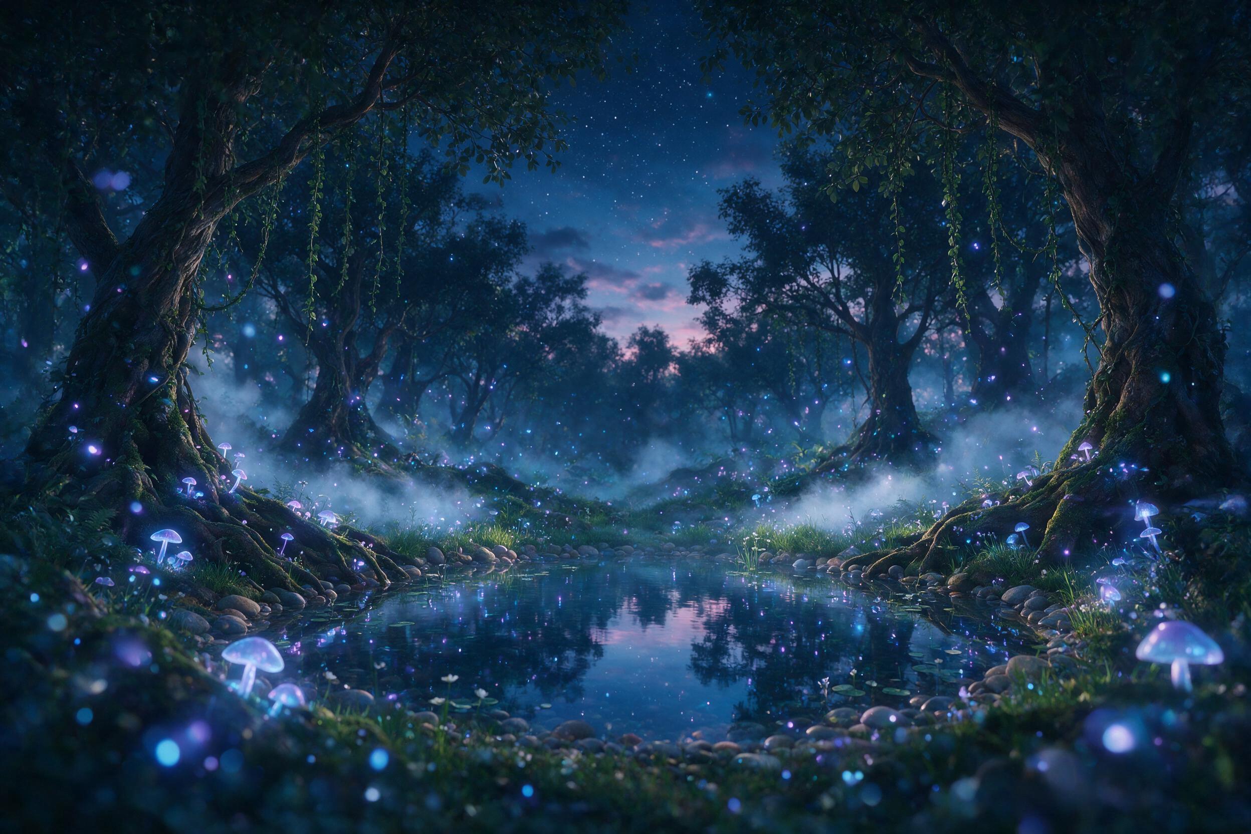 An ethereal glowing forest at twilight, bioluminescent mushrooms and floating fireflies casting soft blue and purple light, a small crystal-clear pond reflecting a starry sky, gnarled ancient trees with moss-covered roots, mist swirling low across the ground, soft natural bokeh in the foreground, sl