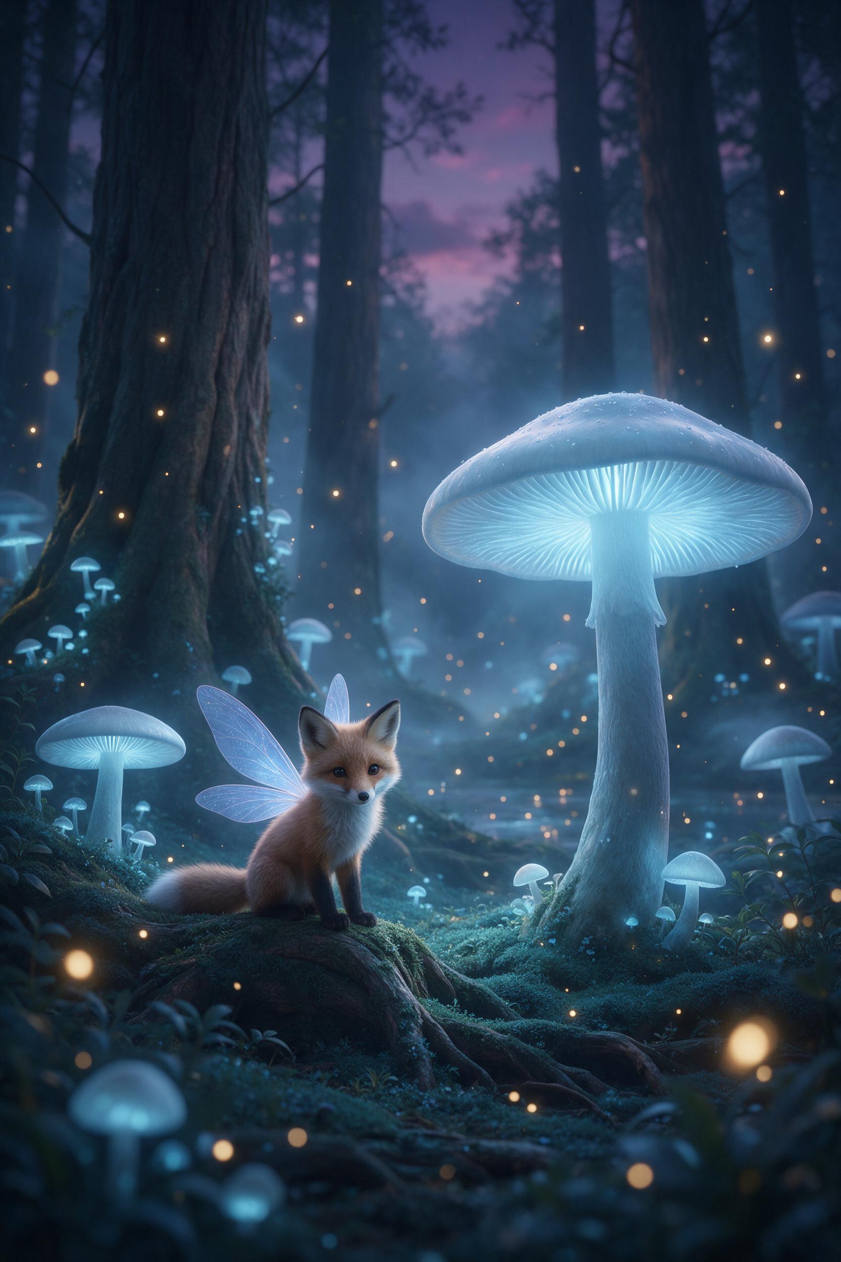 A bioluminescent forest at twilight, giant glowing mushrooms casting soft blue light on mossy ground, a small fox with translucent wings perched on a root, mist weaving between ancient trees, fireflies drifting in the air, shallow depth of field, cool teal and violet palette, gentle natural glow, no