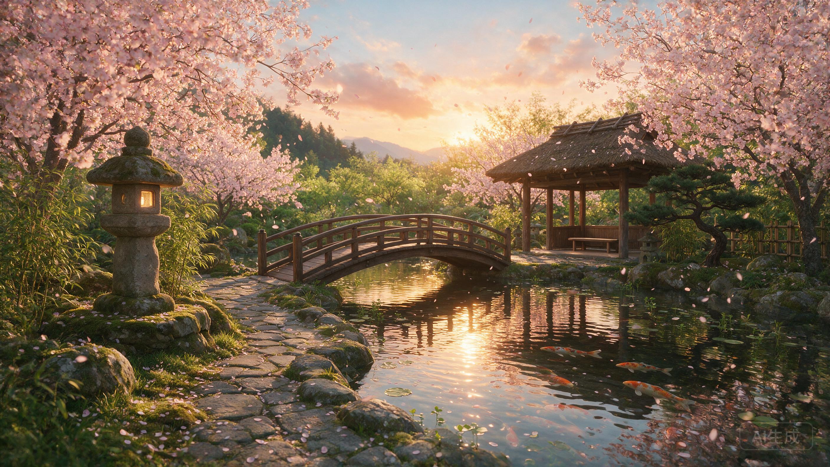 A serene Japanese garden at golden hour, cherry blossoms falling, koi pond reflecting warm light, digital art, 8K