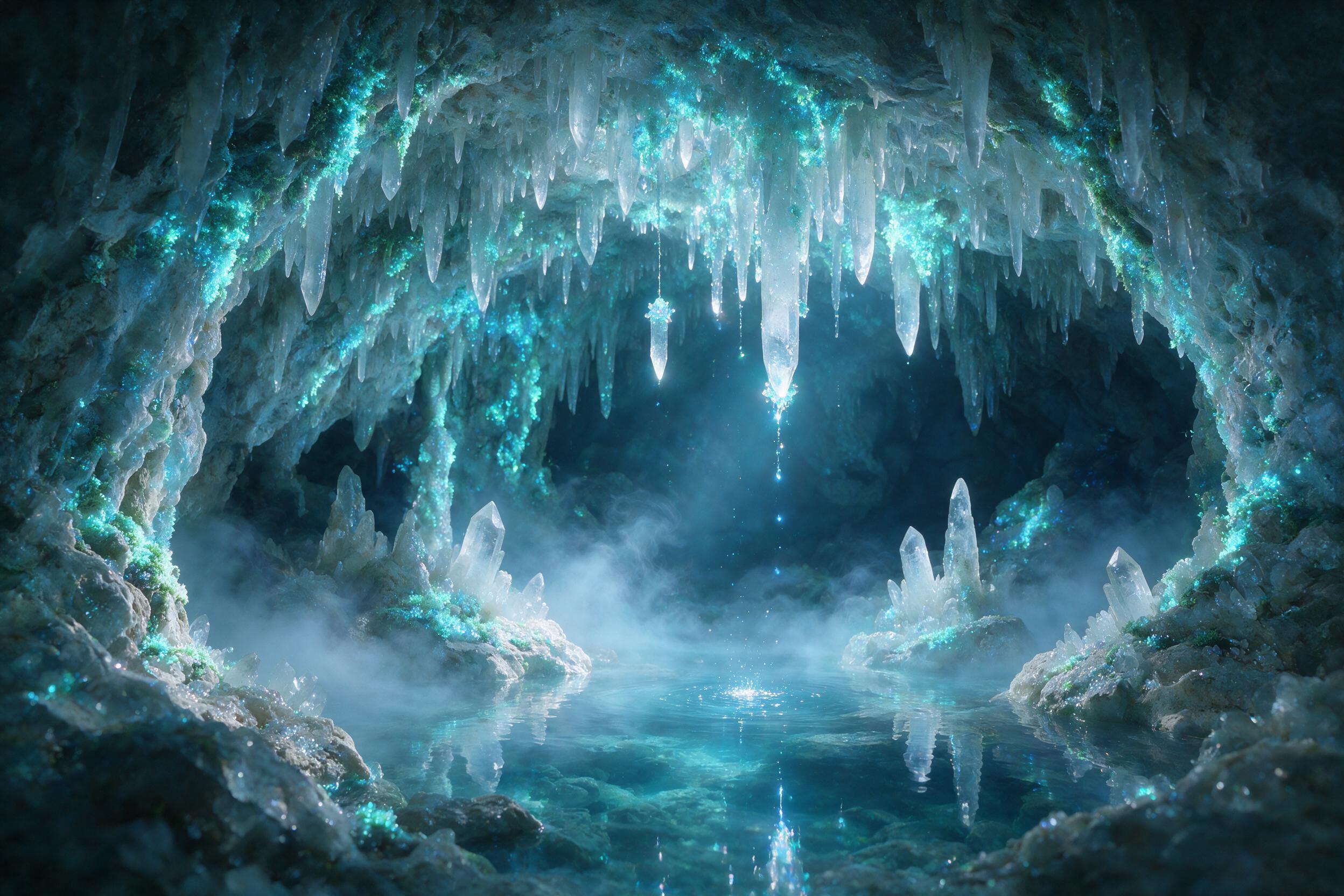 A luminous crystal cave deep underground, glowing bioluminescent moss covering the walls, a small pool of clear water reflecting the blue light, stalactites dripping with magic, soft mist rising from the ground, gentle shadows, ethereal, dreamlike atmosphere