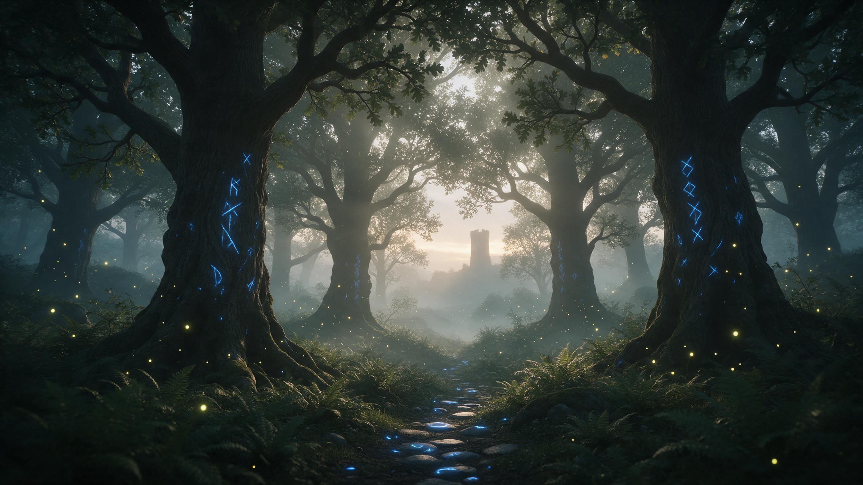 A misty enchanted forest at dawn, ancient oak trees with glowing blue runes carved into bark, a narrow path of moonlit stones winding through ferns, soft volumetric light filtering through canopy, fireflies drifting like small lanterns, distant silhouette of a stone tower, ethereal atmosphere, muted