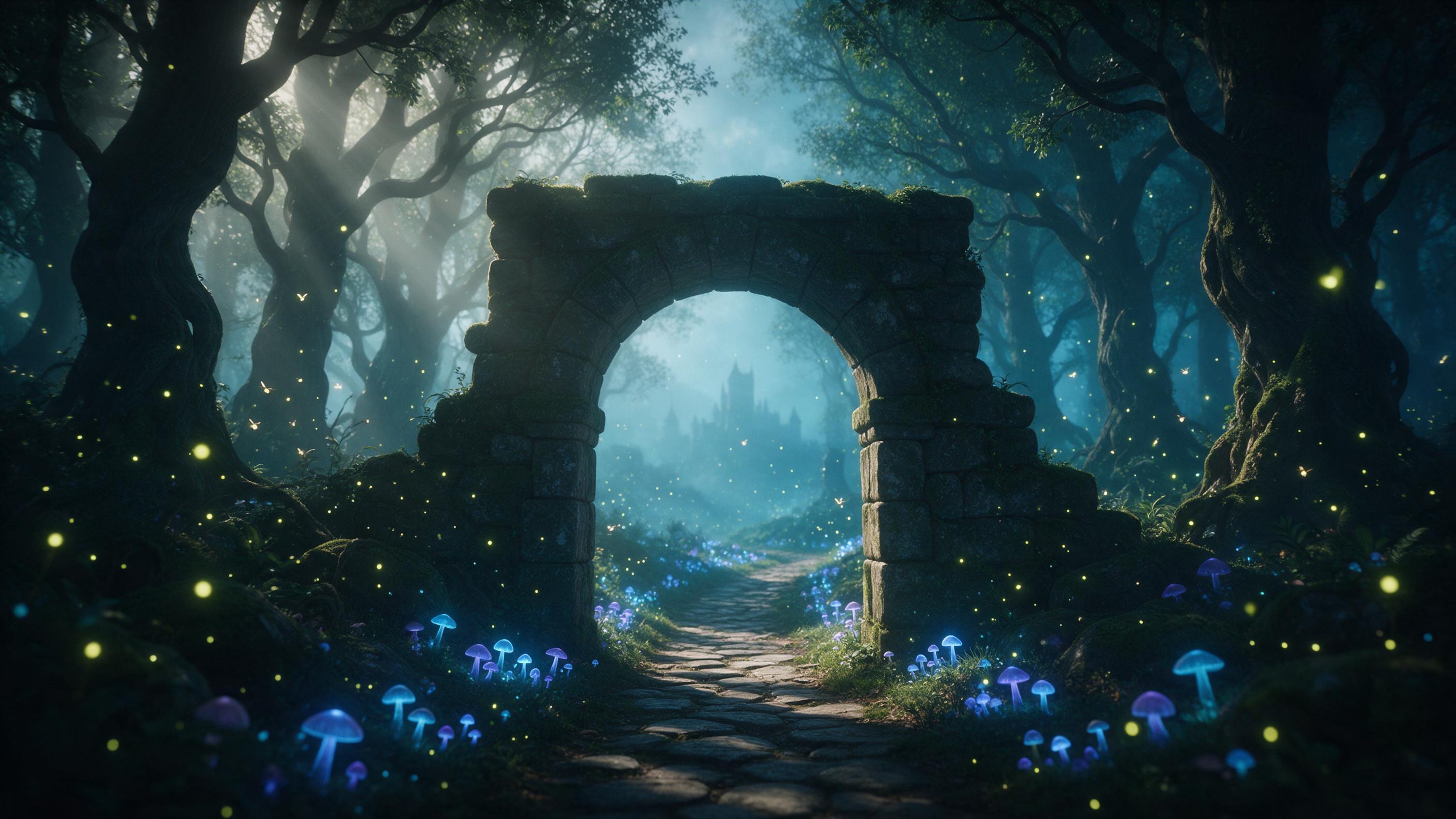 An ancient, moss-covered stone archway stands in a misty bioluminescent forest, glowing blue and purple mushrooms line a winding path, soft god rays pierce through towering twisted trees, fireflies float in the air, a distant silhouette of a castle barely visible through the haze, cinematic depth of