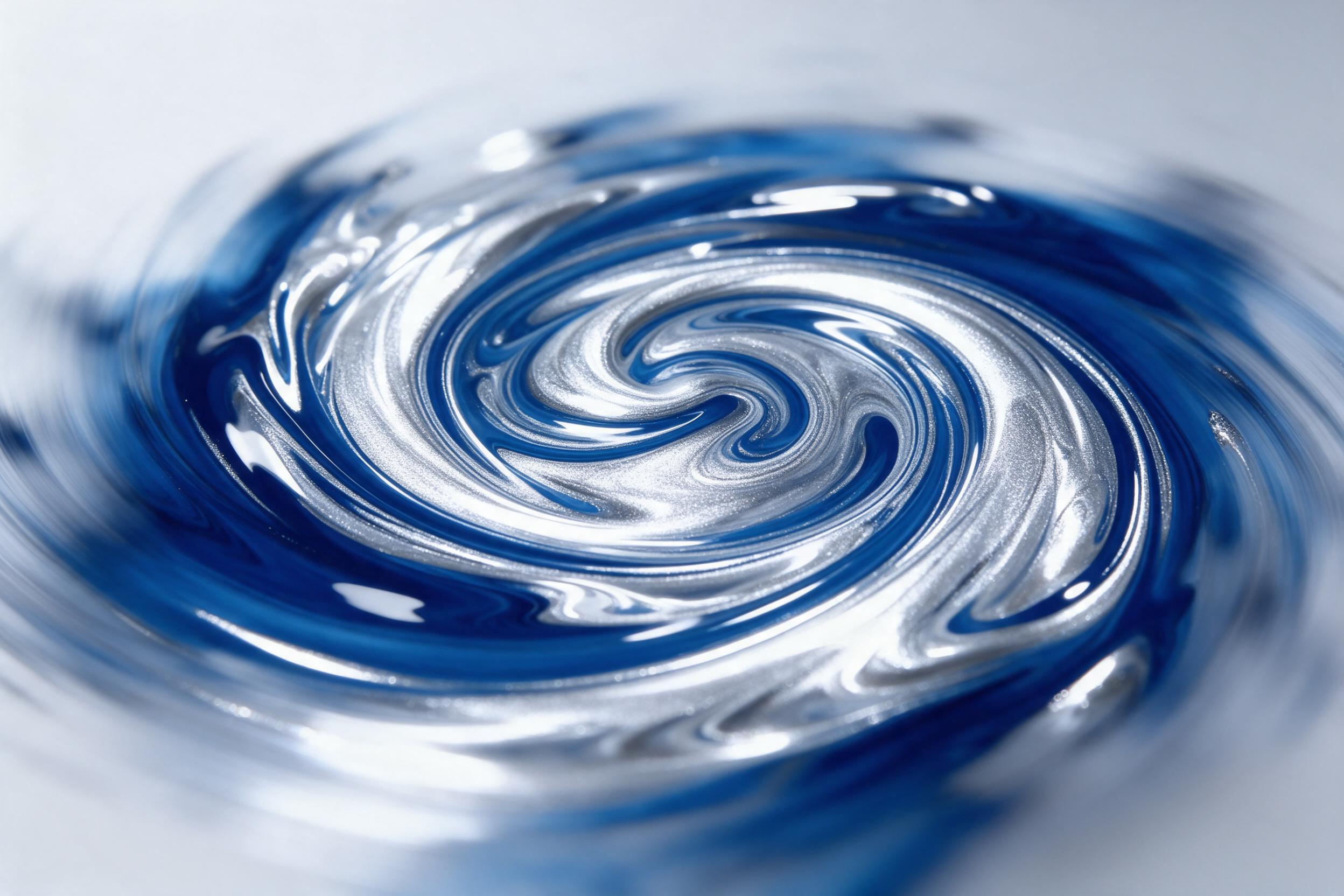 Fluid art macro shot of swirling silver and deep blue acrylic paint, glossy highlights, motion blur edges, soft studio lighting, shallow depth of field, minimal composition, high contrast, no text