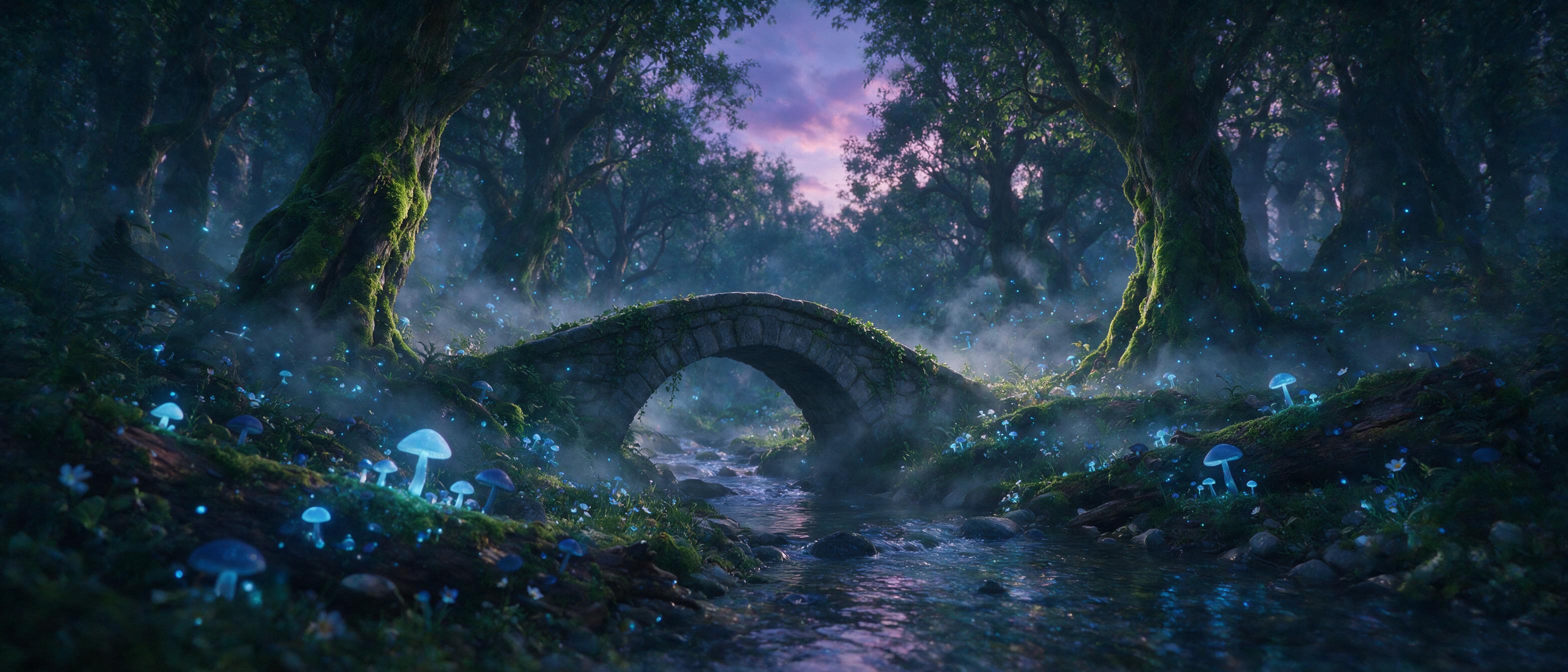 A luminous forest at twilight, glowing mushrooms and fireflies casting soft blue light, a small stone bridge over a stream, mist rising from the water, ethereal atmosphere, cinematic composition, soft lens flare, slightly desaturated colors