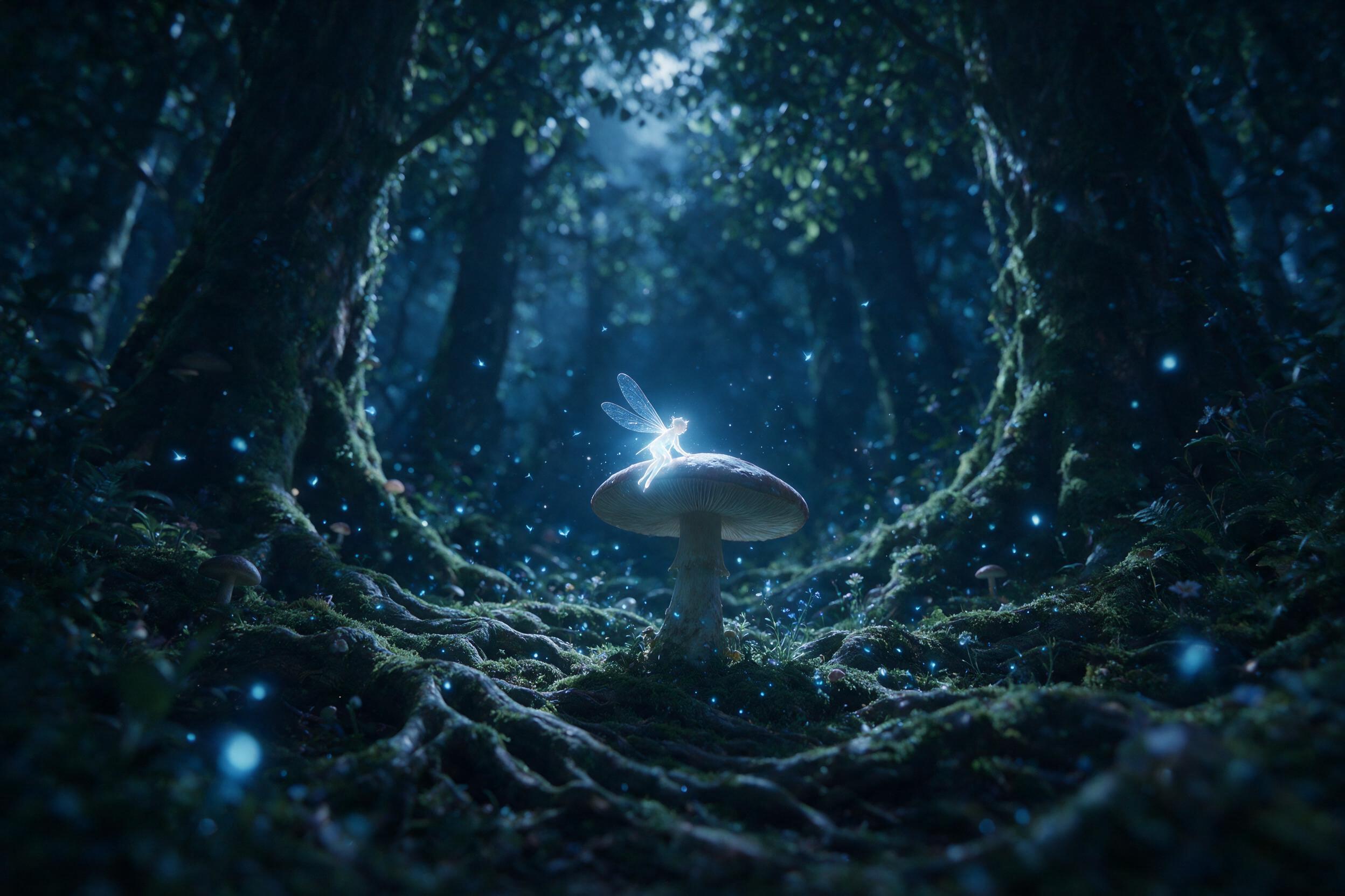 A glowing, translucent fairy with dragonfly wings rests on a giant mushroom in a moonlit forest. Soft blue bioluminescent spores float in the air, casting gentle shadows. The scene is captured with a slight tilt-shift effect, emphasizing the tiny scale against mossy tree roots.