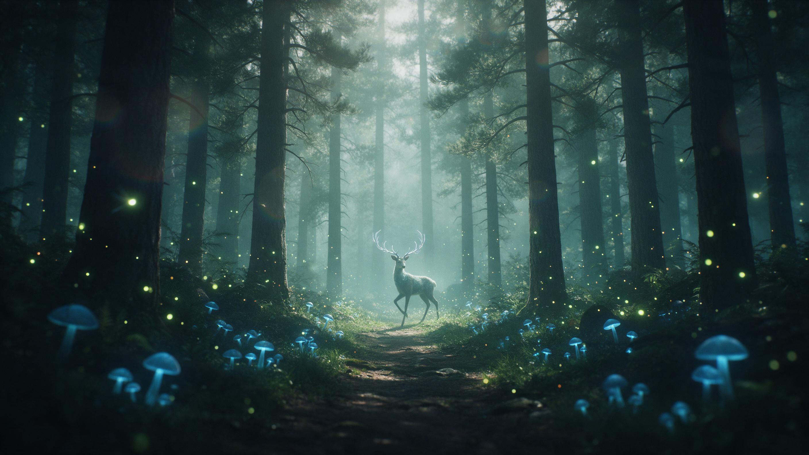 A misty ancient forest path lit by glowing blue mushrooms and drifting fireflies, an ethereal deer with silver antlers stands mid-step, soft volumetric light through towering pines, subtle lens flare, moody atmosphere, muted teal and emerald palette, cinematic composition