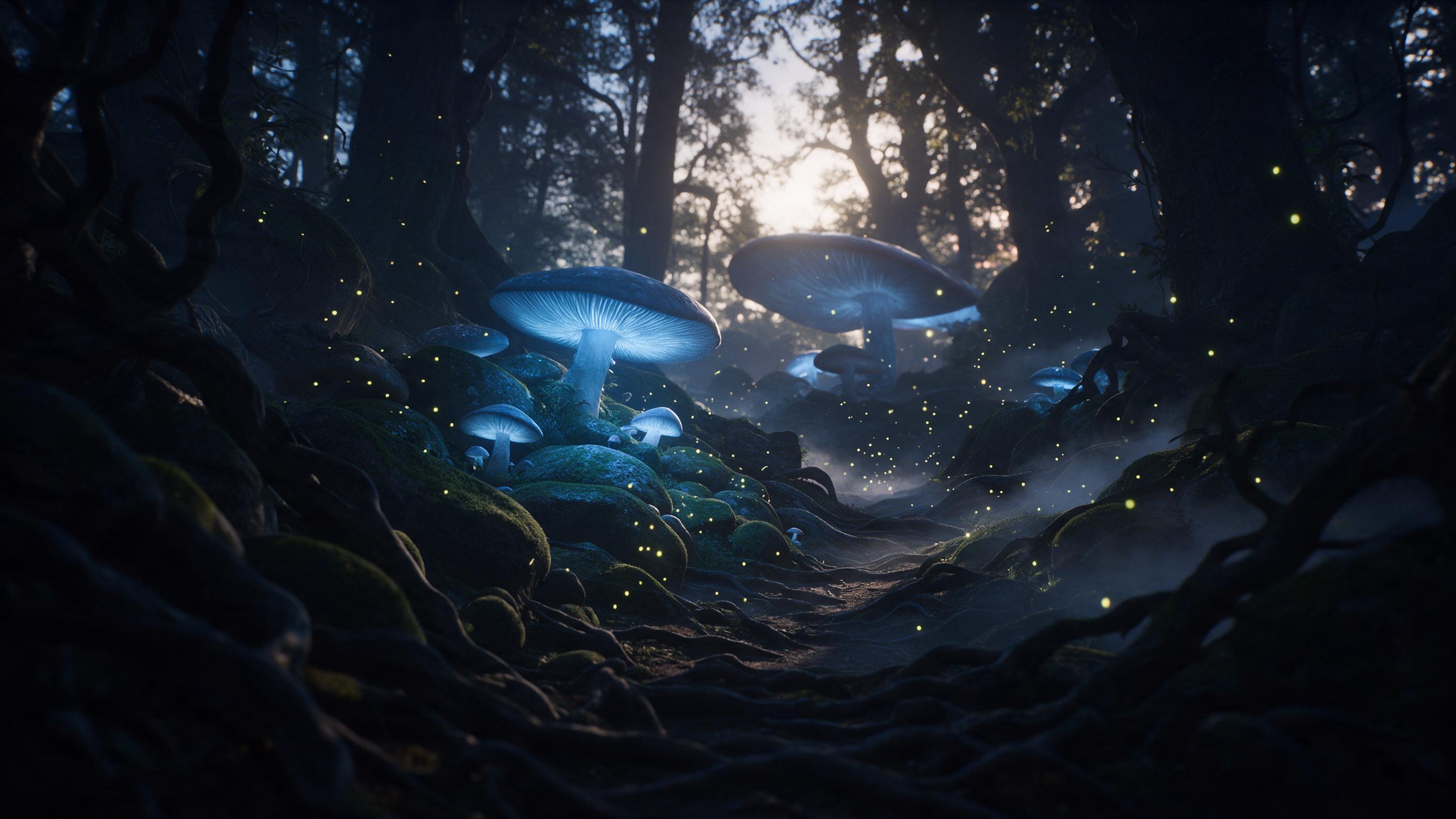 An ancient forest at twilight, colossal glowing mushrooms casting soft blue light onto moss-covered stones, a narrow dirt path winding through gnarled roots, fireflies spiraling upward, mist swirling low, dramatic backlight through canopy, cinematic composition with foreground silhouettes.