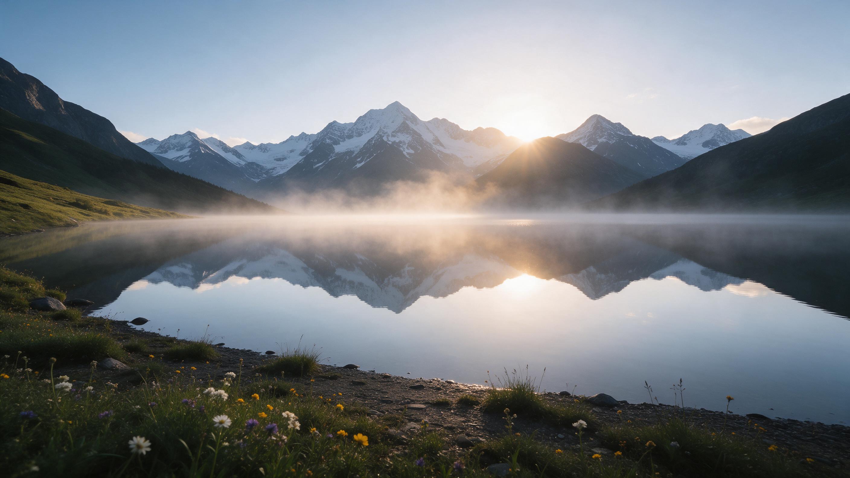 A serene mountain lake at dawn, mirror-like water reflecting snow-capped peaks, soft mist rising from the surface, warm golden sunlight breaking over the ridge, scattered alpine wildflowers in the foreground, natural lighting with gentle gradients, composition with leading lines from the shore to th