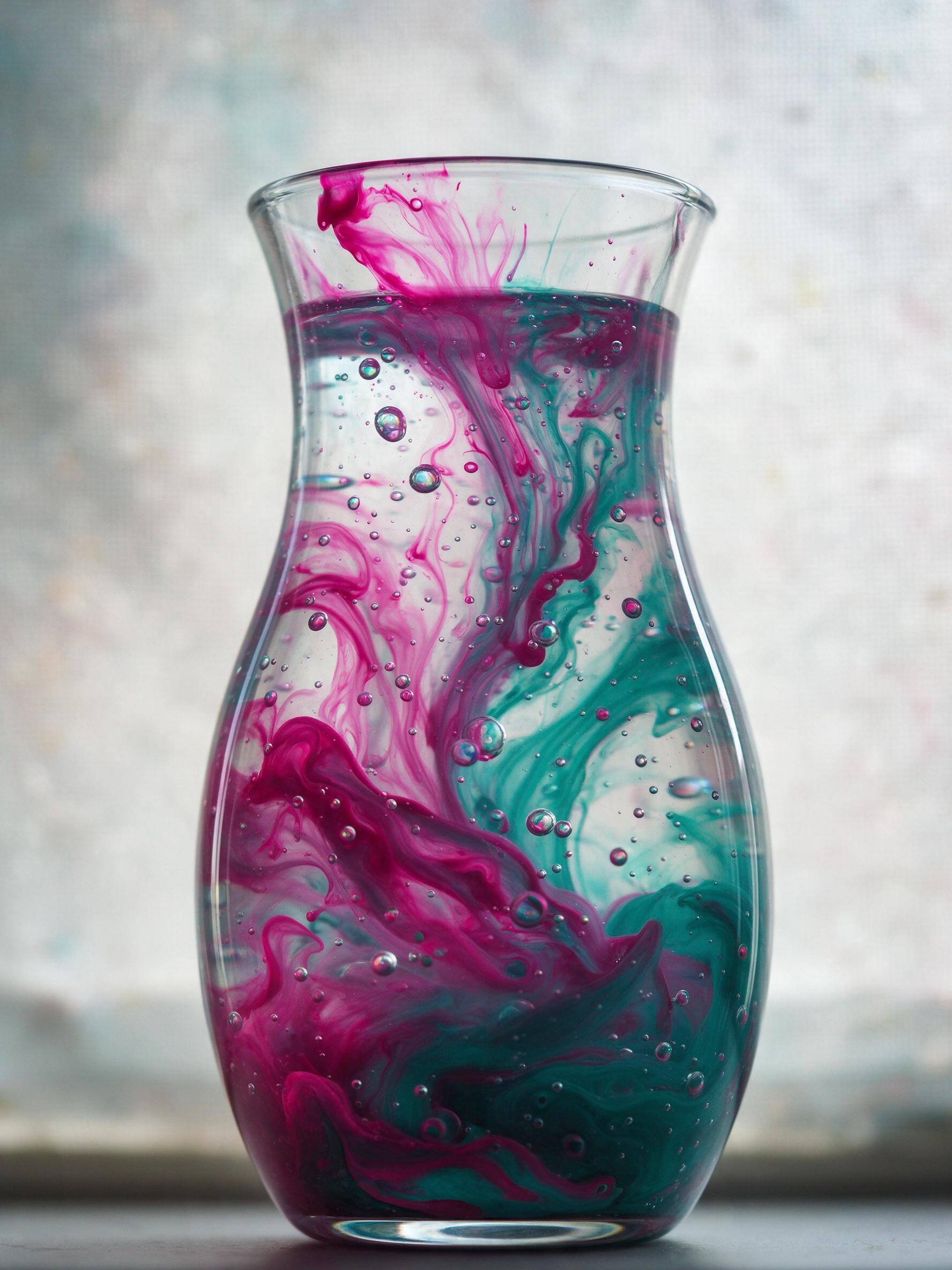 Fluid acrylic paint swirling in a clear glass vase, vivid magenta and teal currents interweaving with iridescent bubbles, backlit by soft window light, shallow depth of field, subtle texture of canvas texture in the background, minimalist composition centered on the vase, calm and contemplative mood