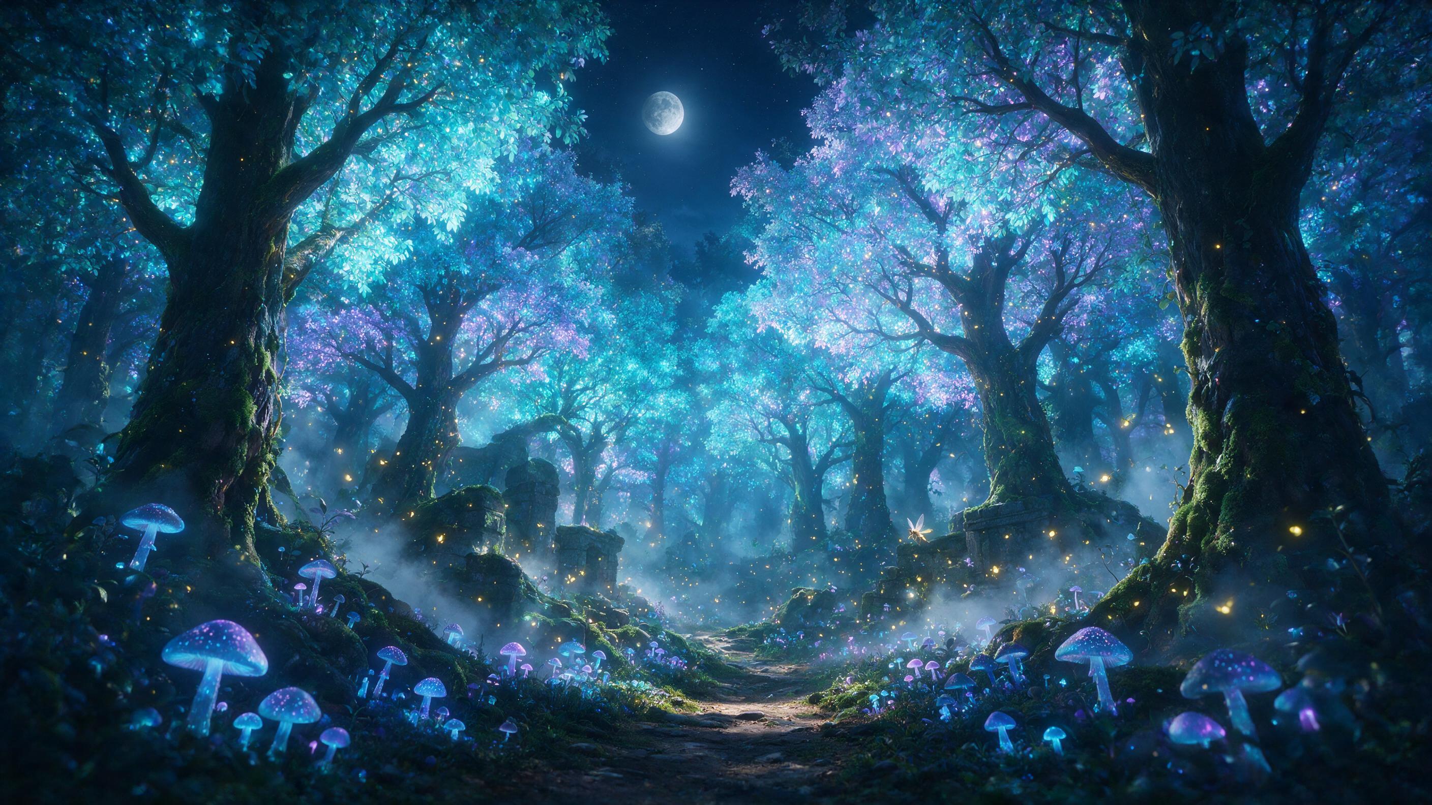 A moonlit enchanted forest with towering bioluminescent trees, glowing blue and purple mushrooms along a winding path, mist swirling around ancient stone ruins, fireflies casting warm golden light, a small fairy with translucent wings perched on a mossy branch, soft volumetric lighting, deep shadows
