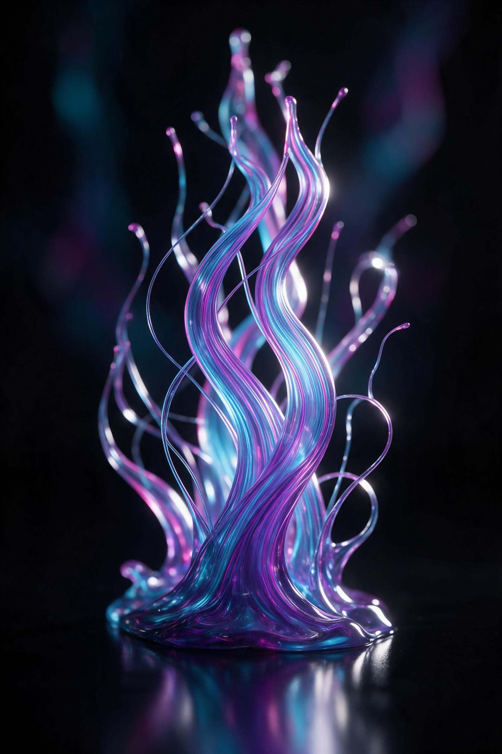 A fluid abstract sculpture of molten glass, swirling ribbons of iridescent cyan and magenta twisting upward, captured with macro lens in a dark studio, soft rim light tracing each curve, shallow depth of field, subtle reflections on glossy black surface, minimal composition, no text