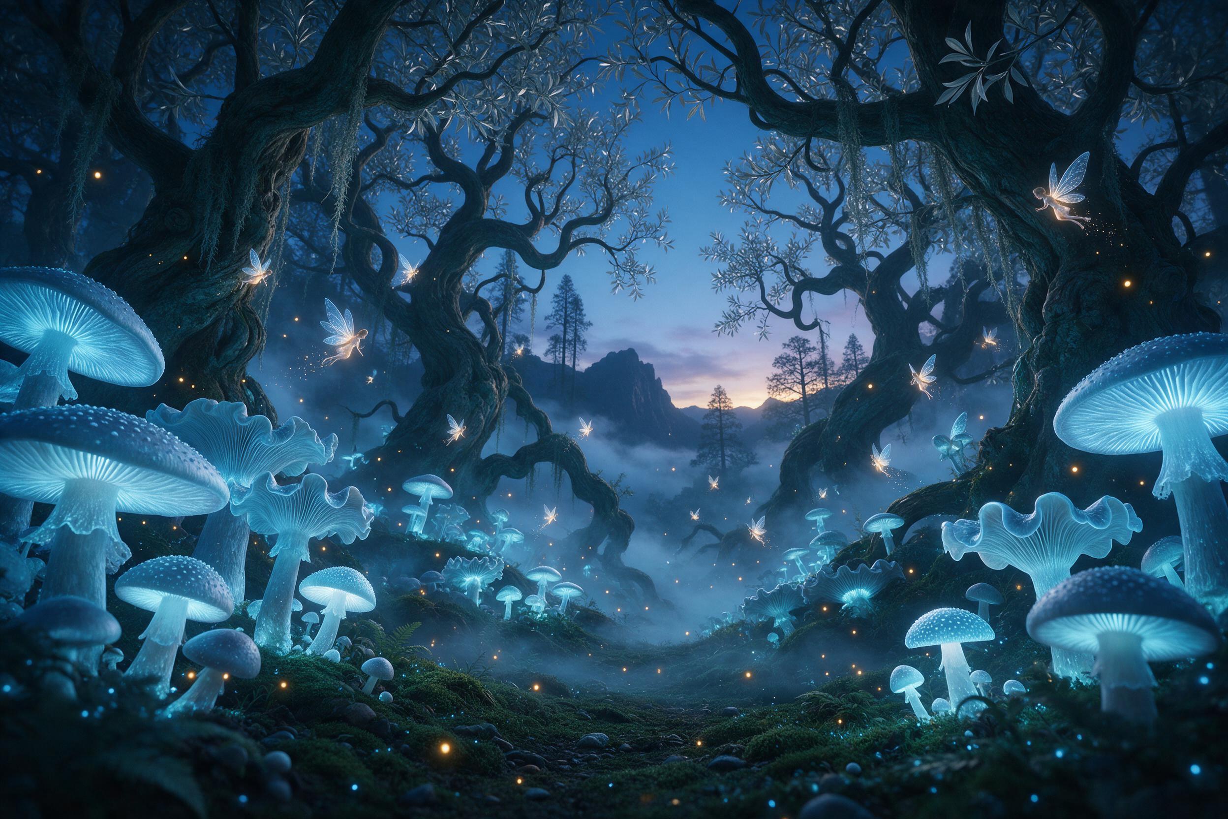 A misty bioluminescent forest at dusk, giant glowing mushrooms casting soft blue light, ancient twisted trees with silver leaves, small fairy figures flitting between branches, low fog swirling over mossy ground, warm amber fireflies contrasting cool teal tones, wide-angle composition with layered d