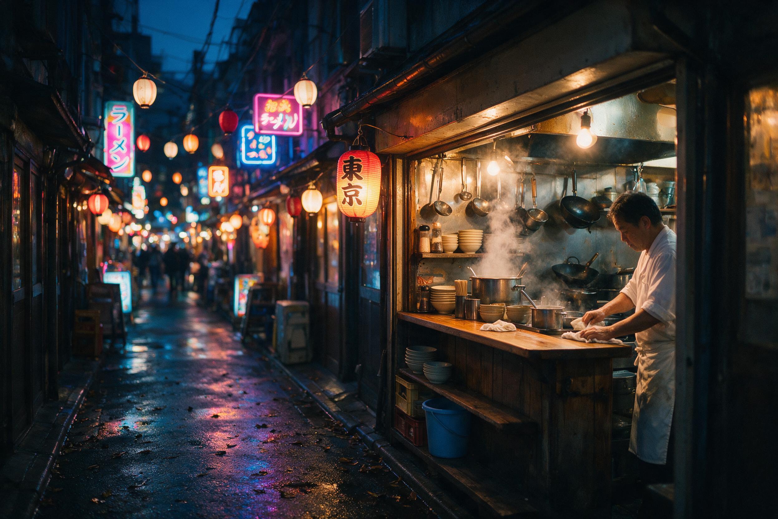 A narrow Tokyo alley at dusk, rain-slicked asphalt reflecting neon signs, steam rising from a ramen stand, a lone chef in white apron wiping a counter, warm tungsten light spilling from paper lanterns, cool blue ambient shadows, shallow depth of field, honest documentary feel, slight grain and motio