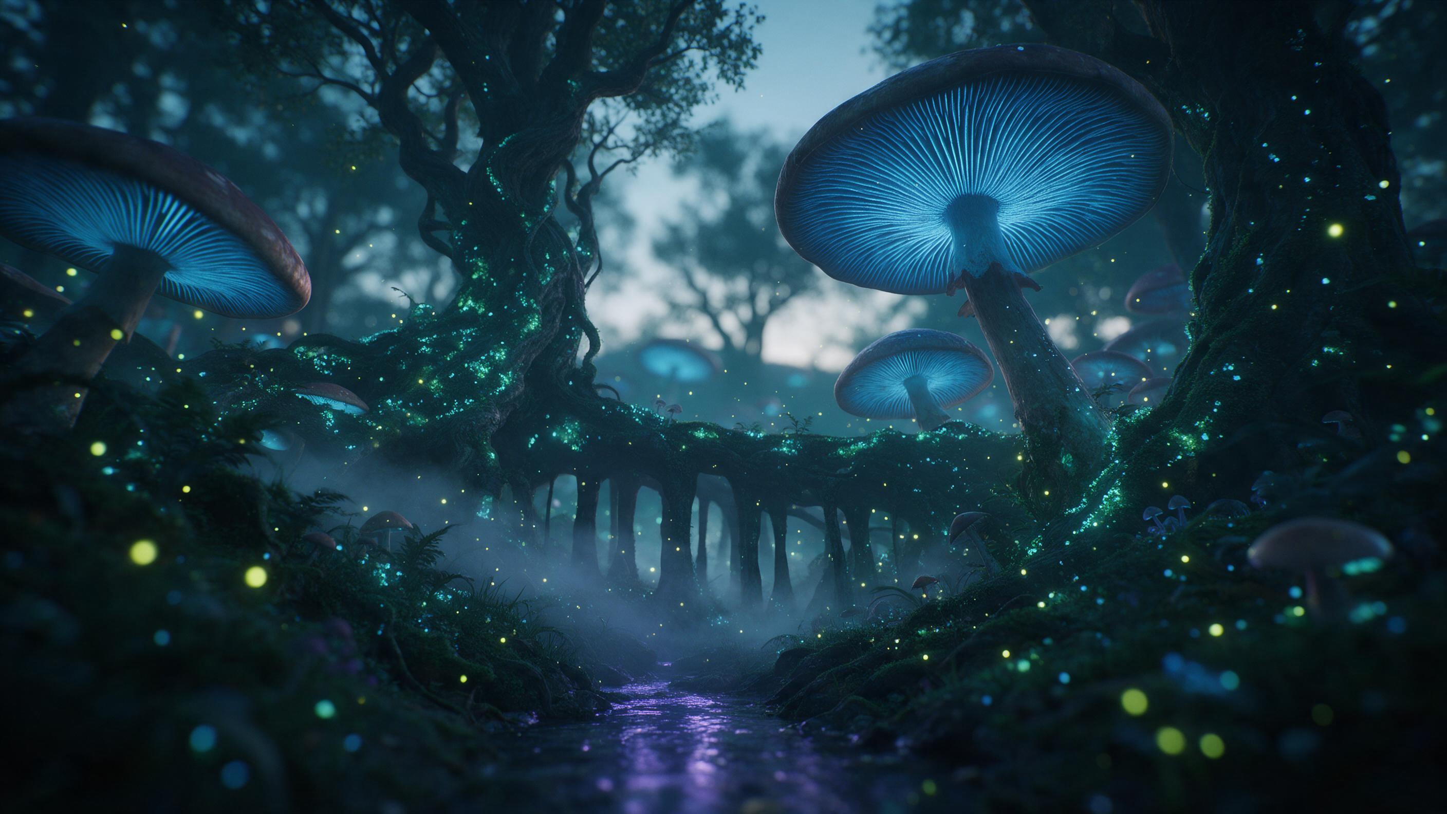 A bioluminescent forest at twilight, giant mushrooms with glowing blue gills, ancient twisted trees covered in luminous moss, a small stream reflecting violet light, mist weaving through root pillars, fireflies like drifting stars, camera at low angle, depth of field fading to soft bokeh, cool teal 