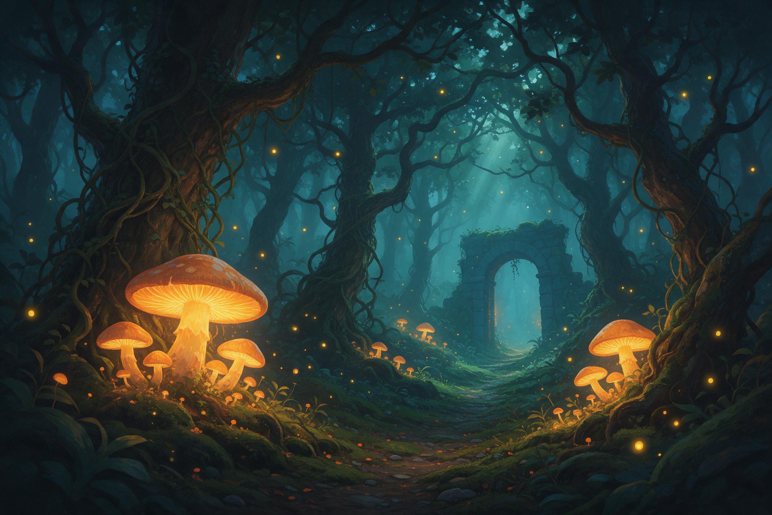 A misty twilight forest where giant glowing mushrooms cast warm orange light on a narrow mossy path, fireflies drifting like sparks, ancient gnarled trees wrapped in creeping vines, soft volumetric god rays piercing the canopy, a distant silhouette of a stone archway, painterly style, rich teal and 