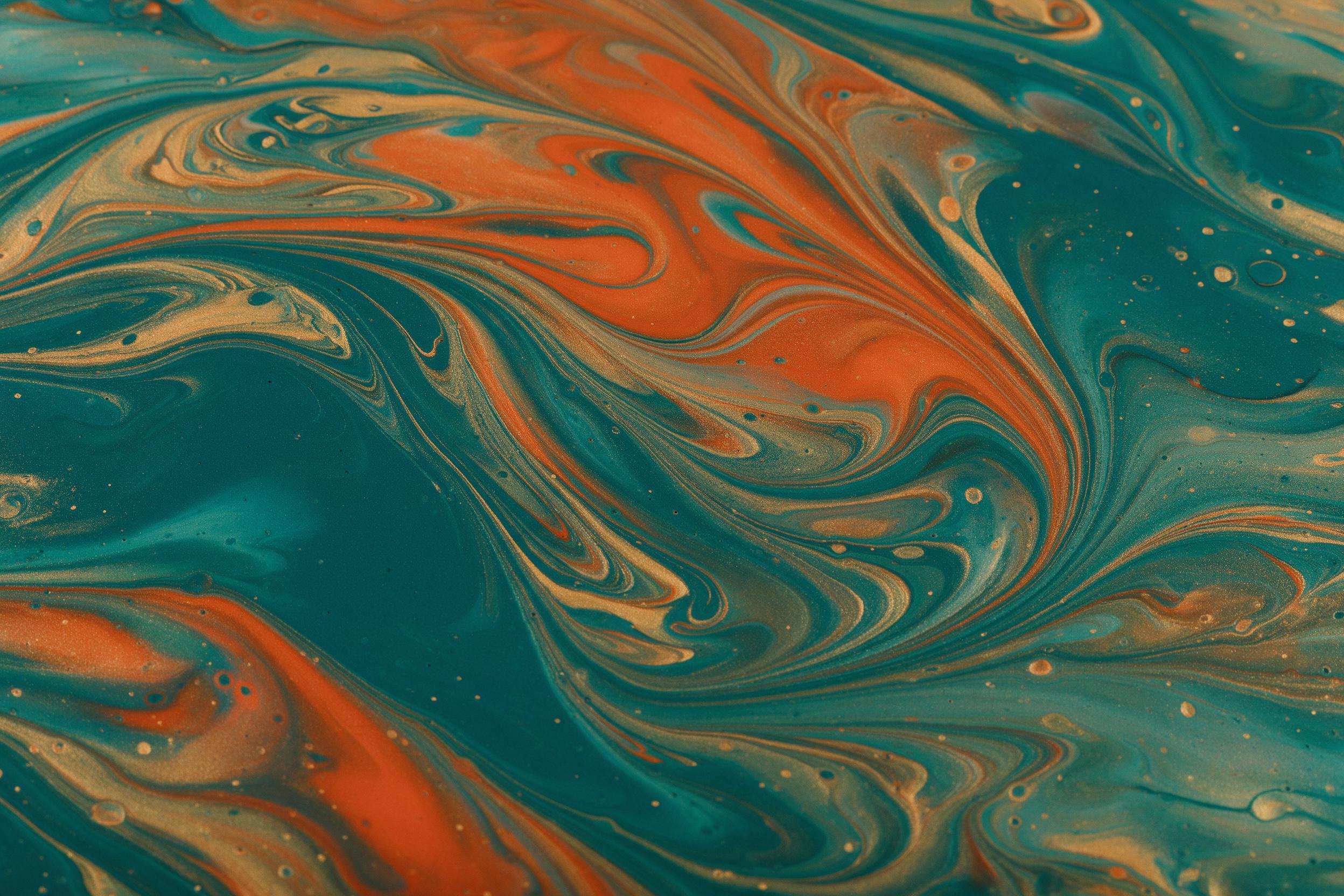 Fluid acrylic pour in deep teal, burnt orange and gold, swirls frozen mid-motion, glossy resin finish, macro lens view, soft studio lighting from above, subtle reflections, no text, no brush strokes, clean edges, minimal composition.