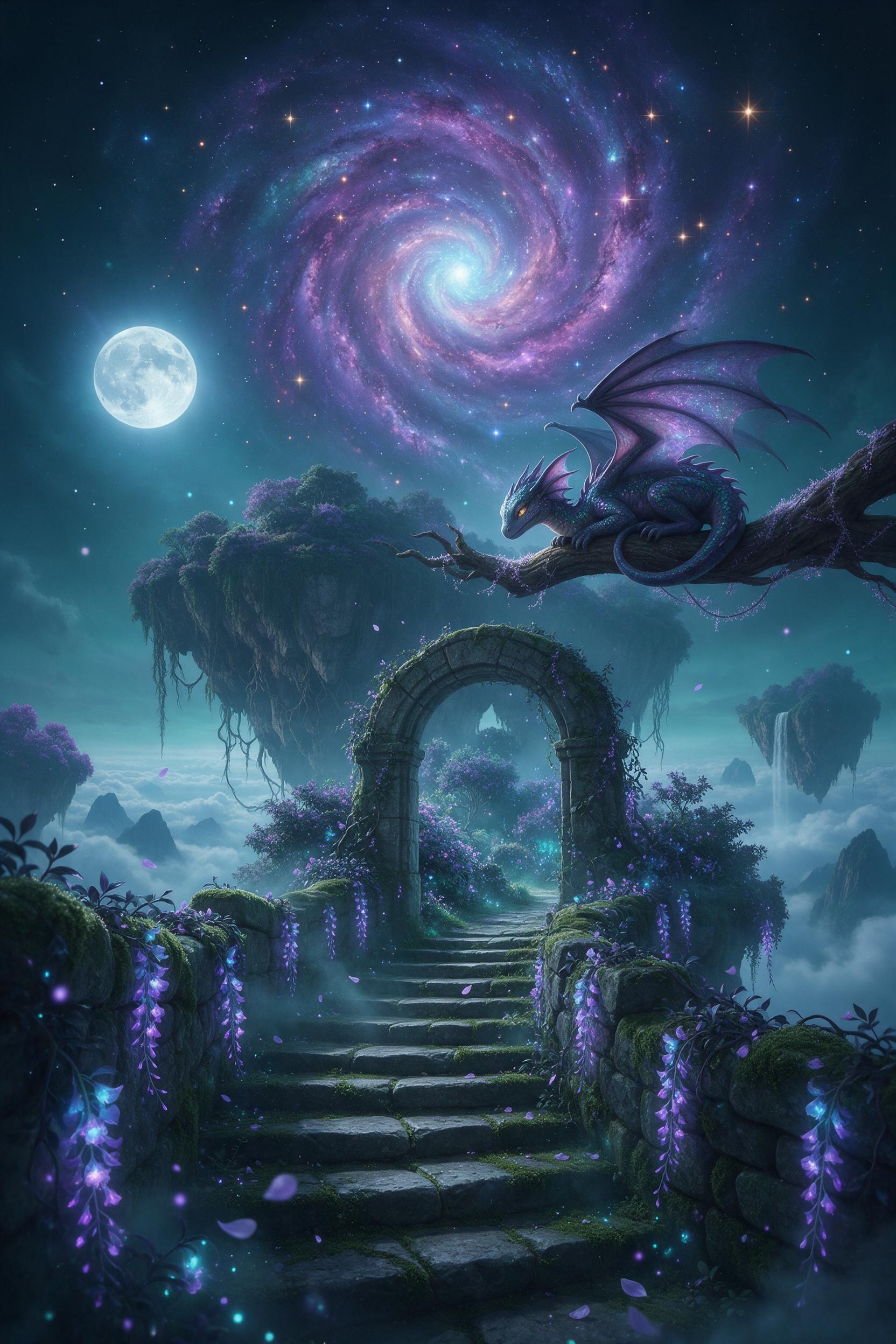A hidden garden in a floating moonlit island, glowing bioluminescent flowers cascade over mossy stone steps, a small dragon with translucent wings curls on a branch, starry nebula swirling overhead, soft ethereal light, misty atmosphere, deep teal and violet palette, cinematic composition