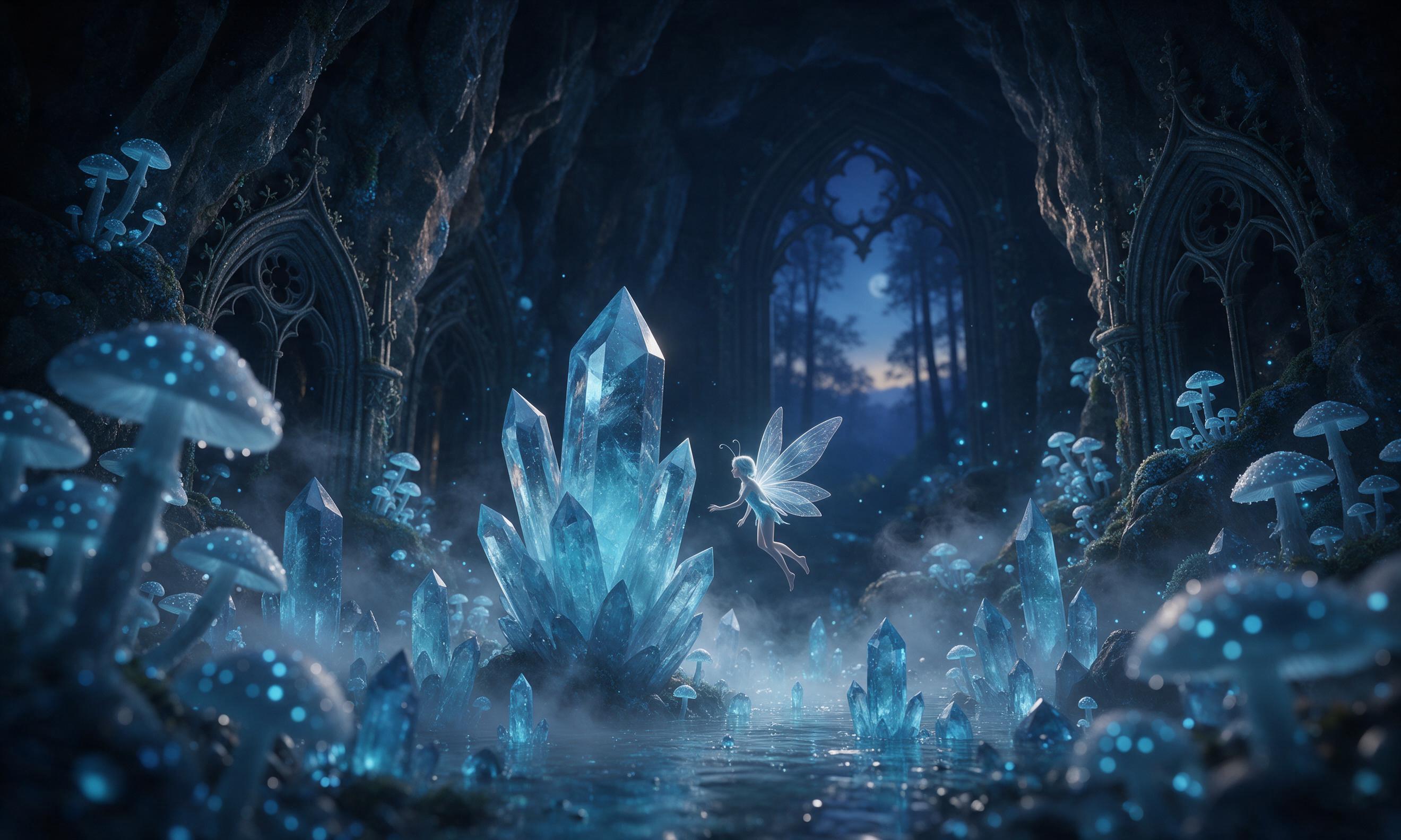 A glowing crystal grove in a twilight cavern, bioluminescent mushrooms casting cool blue light on ancient mossy stones, a tiny fairy with translucent wings hovering near a crystal, soft mist swirling, intricate gothic arches carved in rock, depth of field, ethereal atmosphere