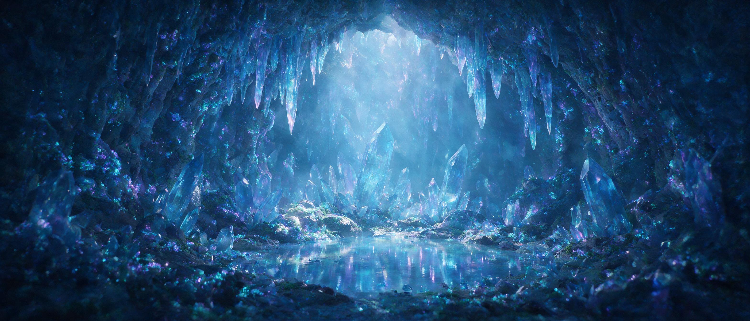 A luminous crystal cave deep underground, glowing bioluminescent moss on jagged walls, a small pool of reflective water at center, ethereal light beams piercing through mist, cool blue and purple tones, soft diffusion, cinematic composition