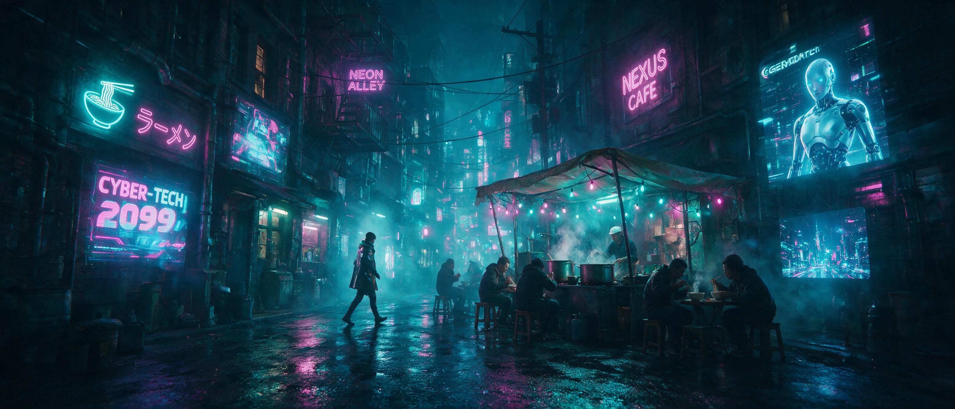 A neon-lit cyberpunk alleyway at night, rain-slicked asphalt reflecting holographic advertisements, a solitary figure in a high-tech coat walks past a flickering noodle stall, volumetric fog, cyan and magenta light, cinematic composition with leading lines into the glowing distance.