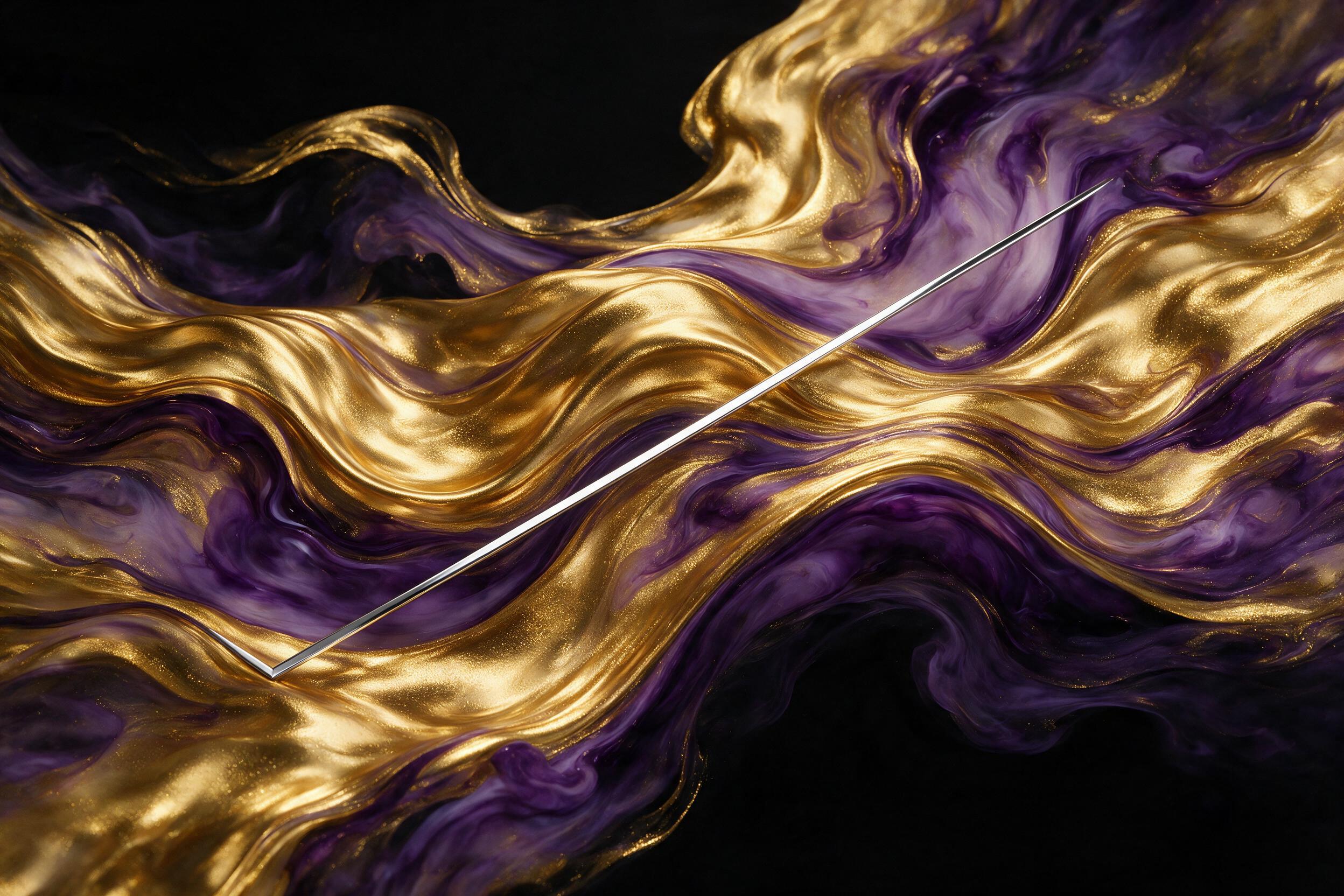 Fluid waves of molten gold and deep violet ink swirling against a matte black backdrop, with a single sharp geometric line cutting diagonally through the composition. Soft, diffused lighting from above creates subtle highlights on the metallic surface, while the background remains completely dark to