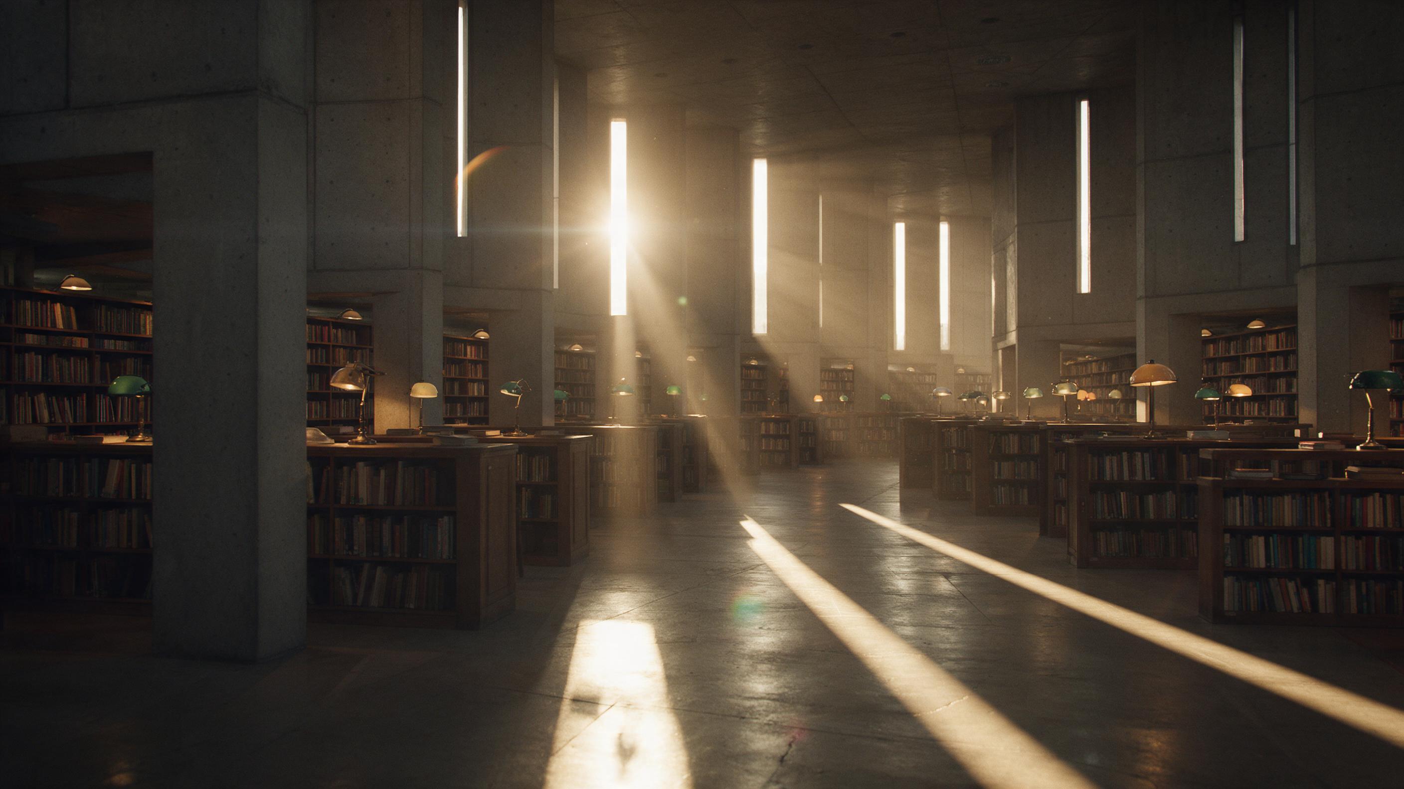 Brutalist concrete library interior at golden hour, warm sunlight beams slicing through narrow vertical windows, long shadows across polished concrete floor, scattered vintage reading lamps, bookshelves stretching into deep perspective, dust motes dancing in light, subtle lens flare, muted earthy to