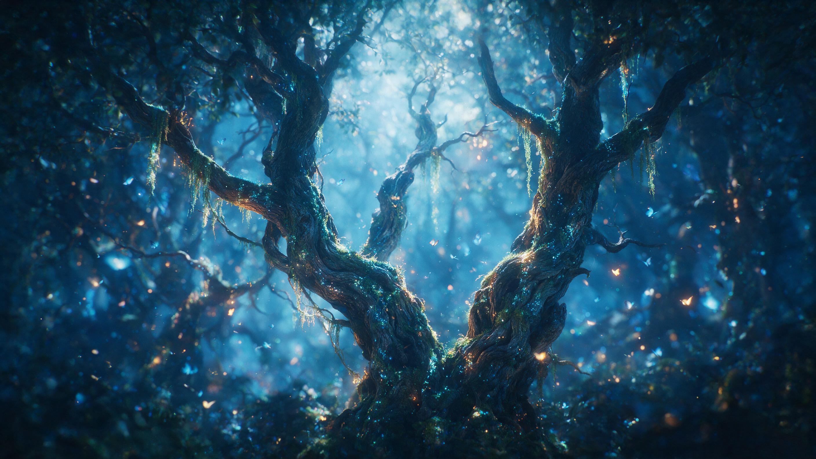 A luminous moonlit forest with ancient, gnarled trees draped in glowing moss, bioluminescent butterflies fluttering through misty air, shallow depth of field, soft diffused light filtering through canopy, ethereal atmosphere, cinematic color grading with cool blues and warm amber accents