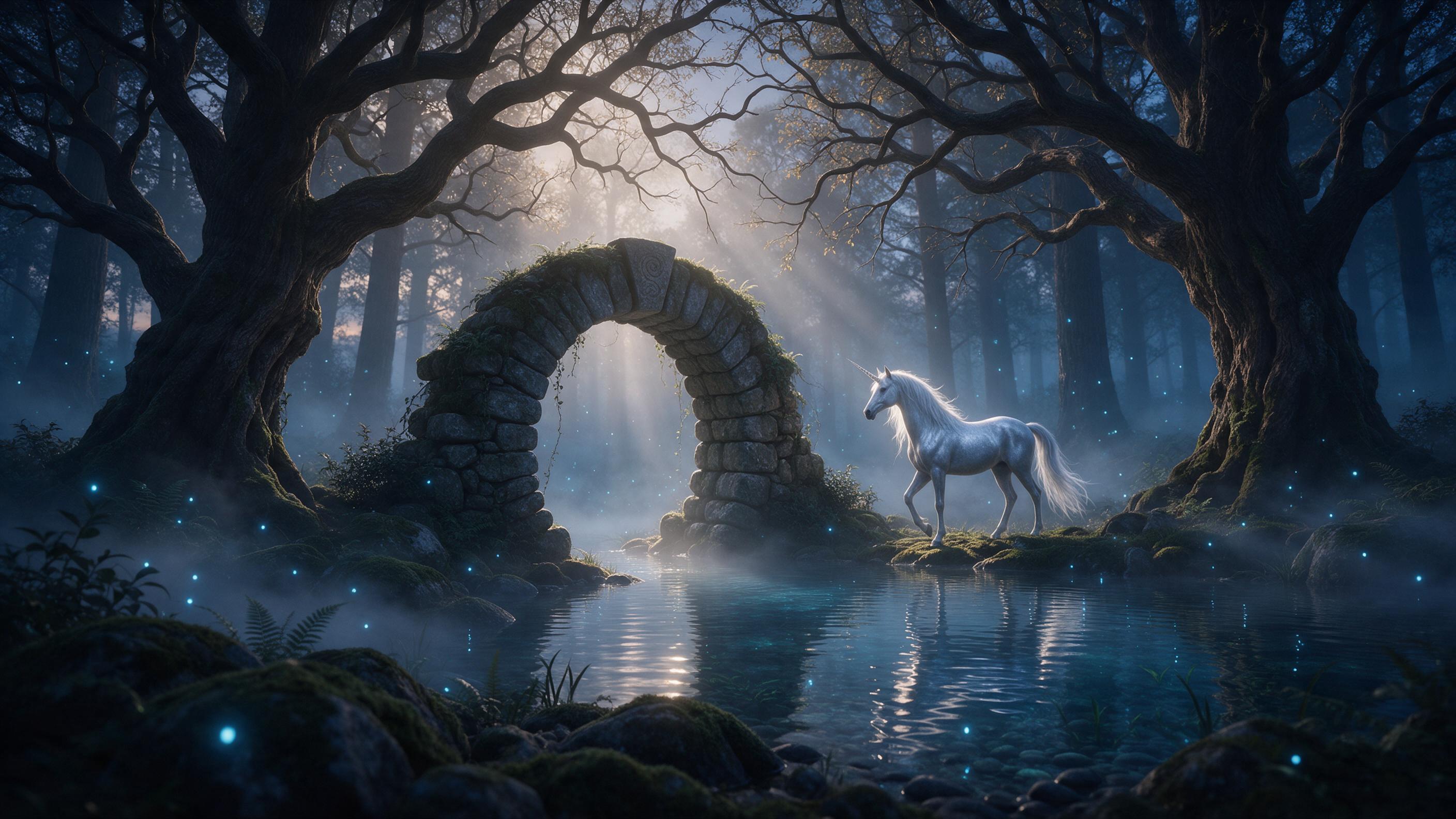 A hidden forest sanctuary at twilight, ancient moss-covered stones form a circular archway, glowing blue fireflies weave through thick fog, a silver unicorn with a flowing mane stands beside a crystal-clear pond, ethereal light rays pierce through gnarled branches, misty atmosphere, cinematic compos