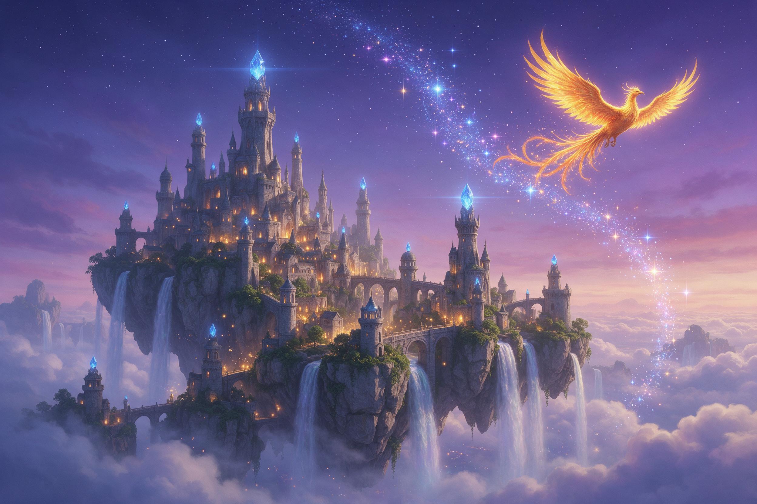 An ancient floating island city at twilight, waterfalls cascading from its edges into clouds below. Stone-covered bridges link spires with glowing blue crystals. Warm lantern light spills from windows. A phoenix with golden feathers soars in the deep purple sky, winding river of stars reflecting on 