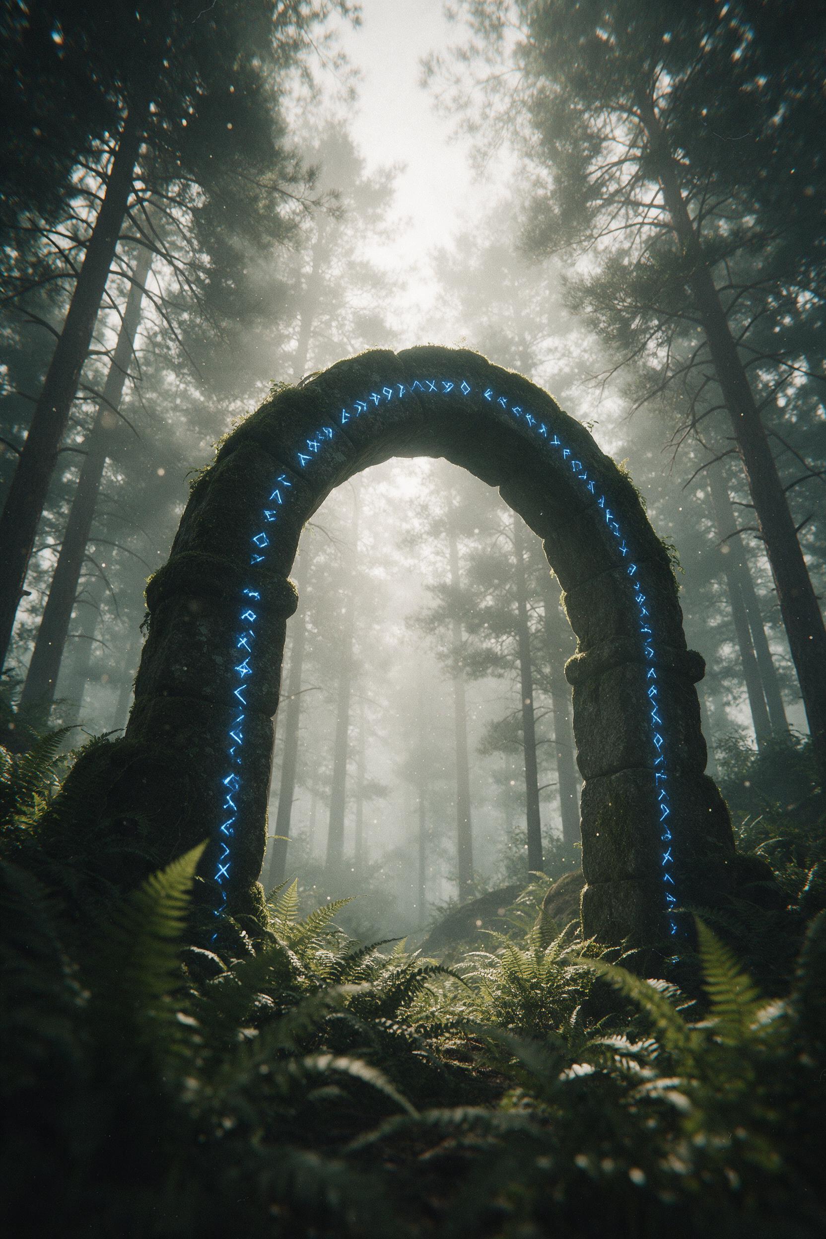 An ancient, moss-covered stone archway in a misty forest, glowing blue runes along its edges, soft morning light filtering through dense canopy, ethereal particles floating in air, foreground ferns, background towering pines veiled in fog, subtle film grain, low-angle composition emphasizing the arc