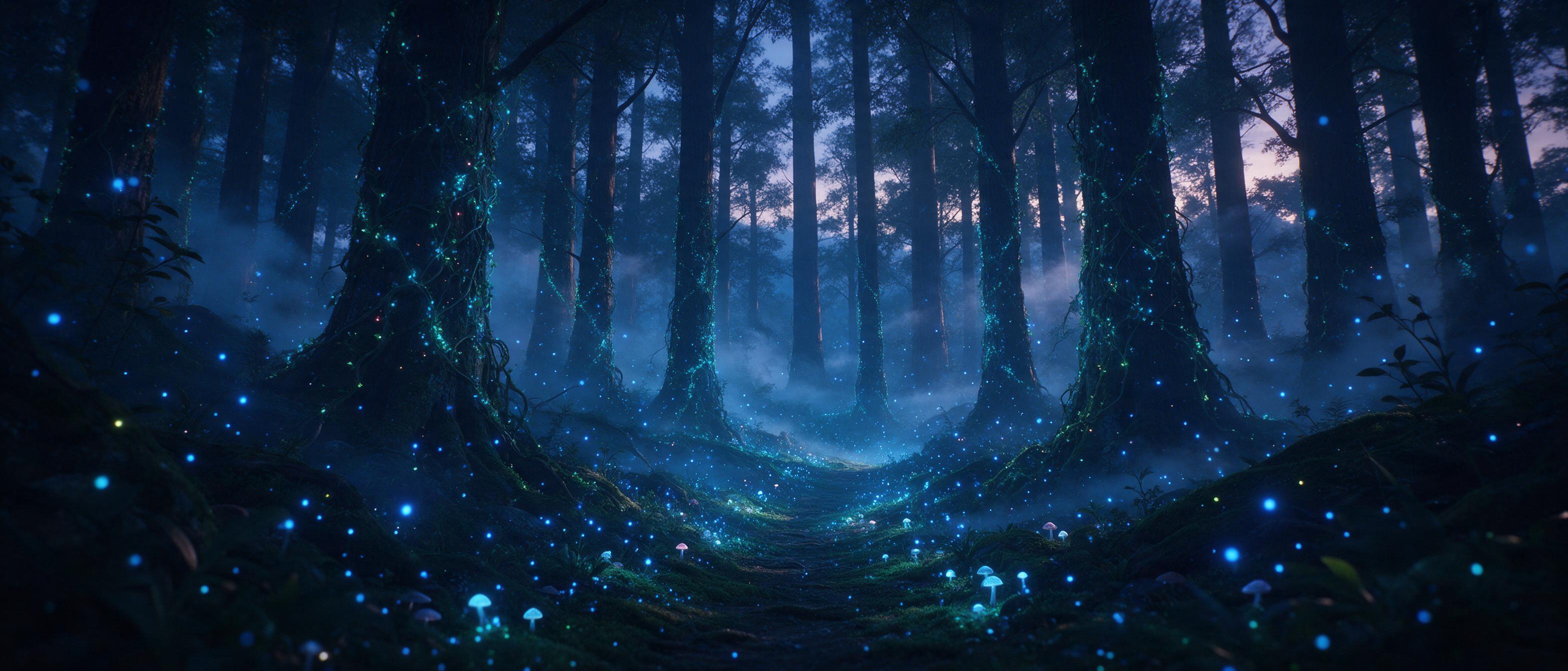 A mystical glowing forest at twilight, towering ancient trees wrapped in phosphorescent vines, floating blue fireflies illuminating a winding mossy path, ethereal mist swirling between trunks, soft ambient light from bioluminescent mushrooms, serene and otherworldly atmosphere, wide-angle compositio