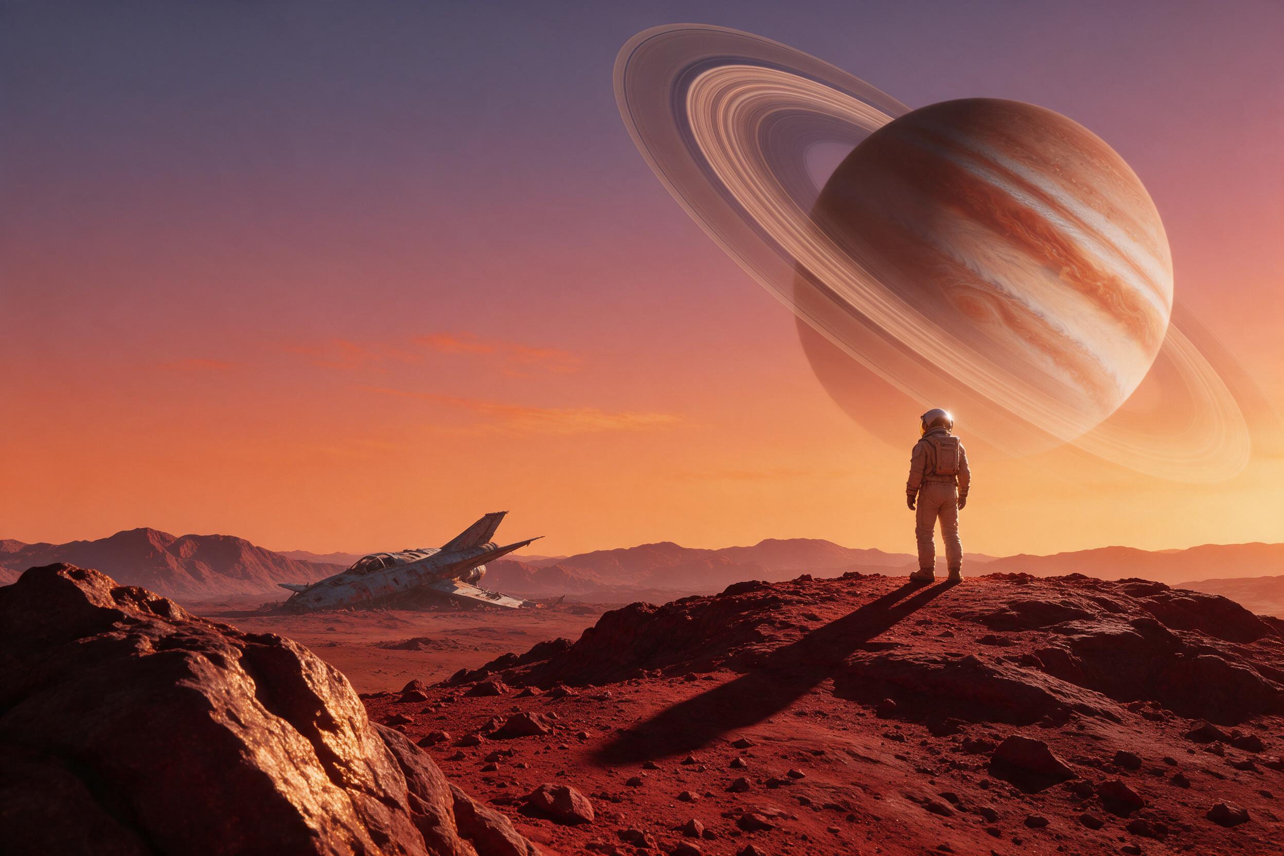 A lone astronaut stands on a dusty crimson ridge, gazing at a colossal ringed planet rising over the horizon. Harsh sunlight casts long shadows, glinting off the visor. In the distance, a derelict starship half-buried in regolith. Thin atmosphere, vibrant orange sky fading to purple. Foreground rock