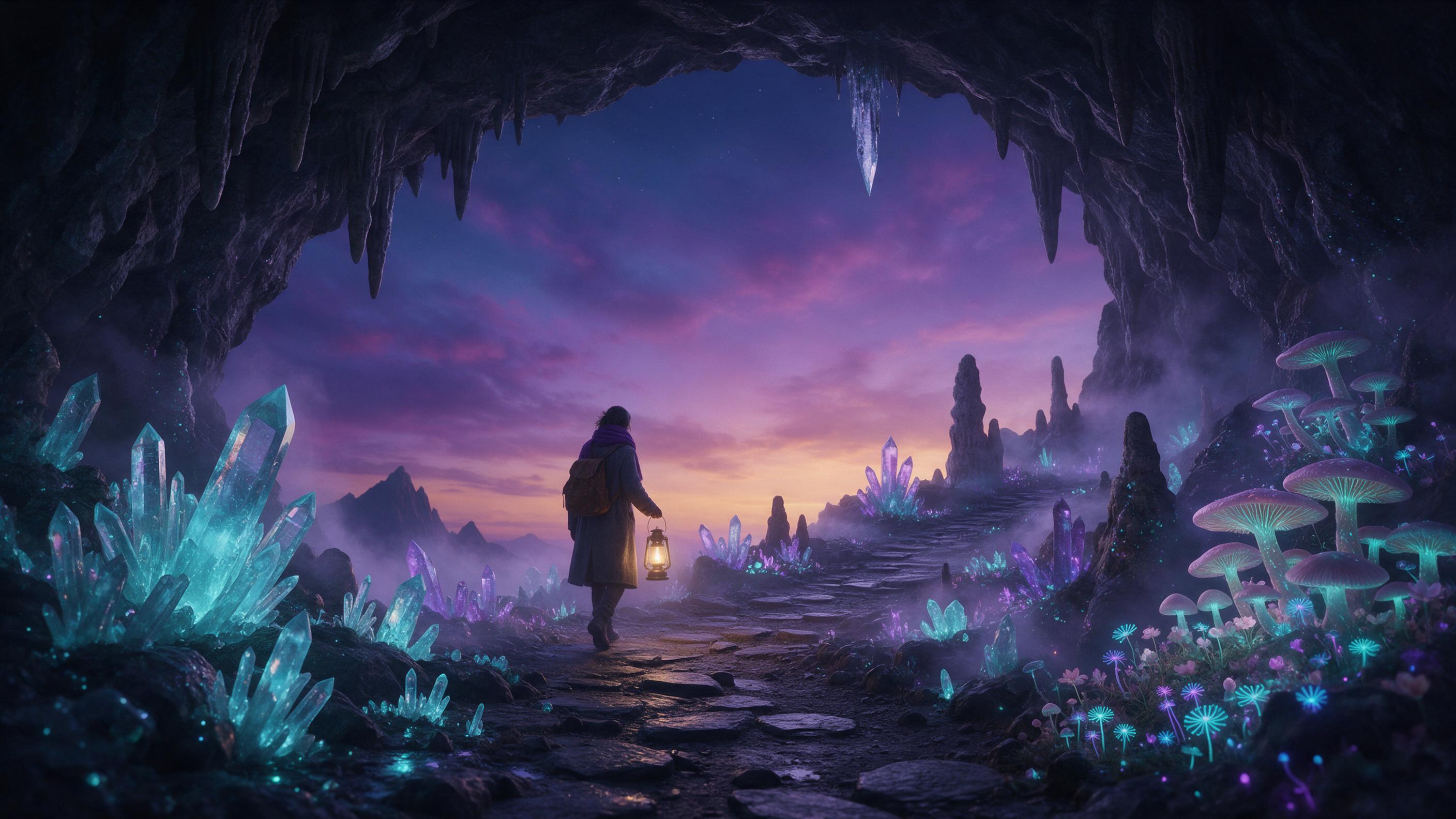 A glowing crystal cavern beneath a twilight sky, bioluminescent fungi casting soft teal and violet light on a winding path, a lone traveler with a lantern, mist curling around stalactites, ethereal atmosphere, cinematic composition