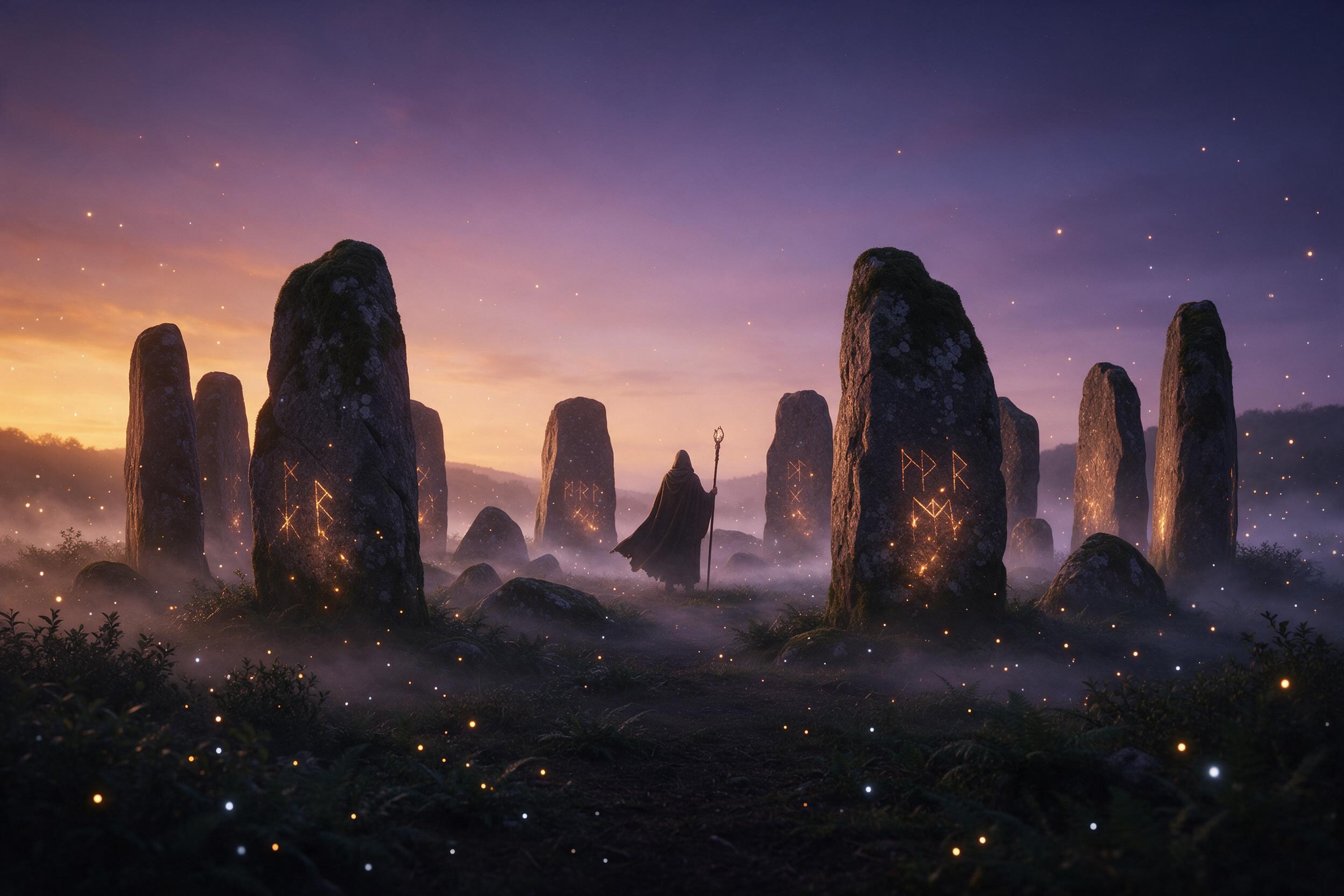 An ancient stone circle at dusk, glowing runes pulsing softly, moss-covered monoliths, swirling mist hugging the ground, a lone robed figure with a staff, fireflies drifting, deep purple and amber sky, dramatic side lighting, cinematic composition