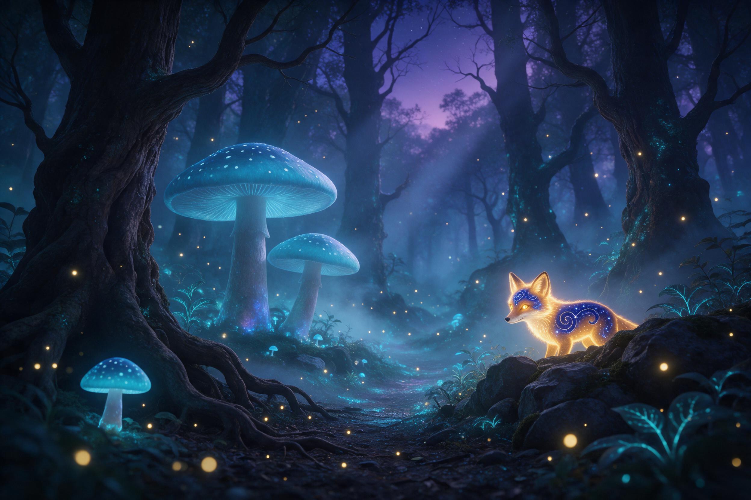 A luminous bioluminescent forest at twilight, giant mushrooms with glowing blue caps, soft mist between ancient twisted trees, a small glowing fox with celestial markings peeking out, fireflies drifting like stars, ethereal teal and purple palette, soft volumetric light filtering through canopy, sha
