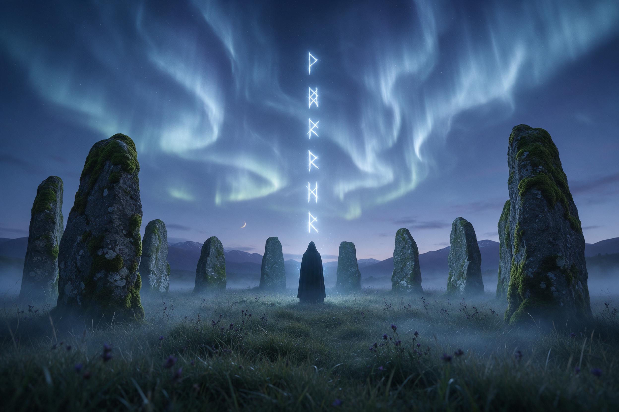An ancient, moss-covered stone circle stands in a twilight meadow, glowing runes floating between the monoliths. A silver-blue aurora ripples overhead, casting soft light on misty grass. Composition: low angle, wide shot, with a lone hooded figure silhouetted at the center.