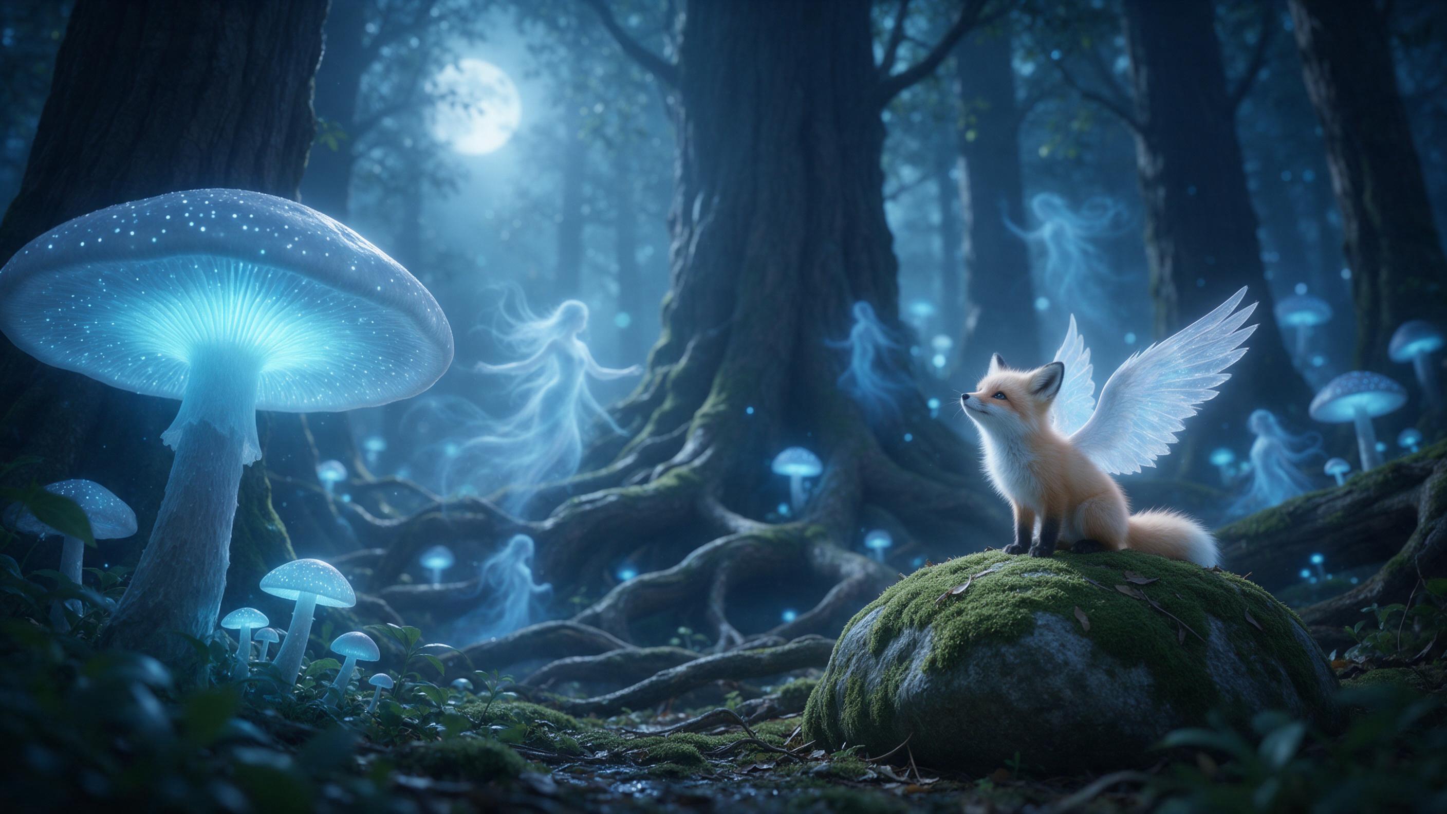 A misty ancient forest where giant glowing mushrooms cast soft blue light, a small fox with translucent wings perched on a mossy stone, ethereal spirits swirling between twisted roots, moonlight filtering through dense canopy, cinematic depth of field.