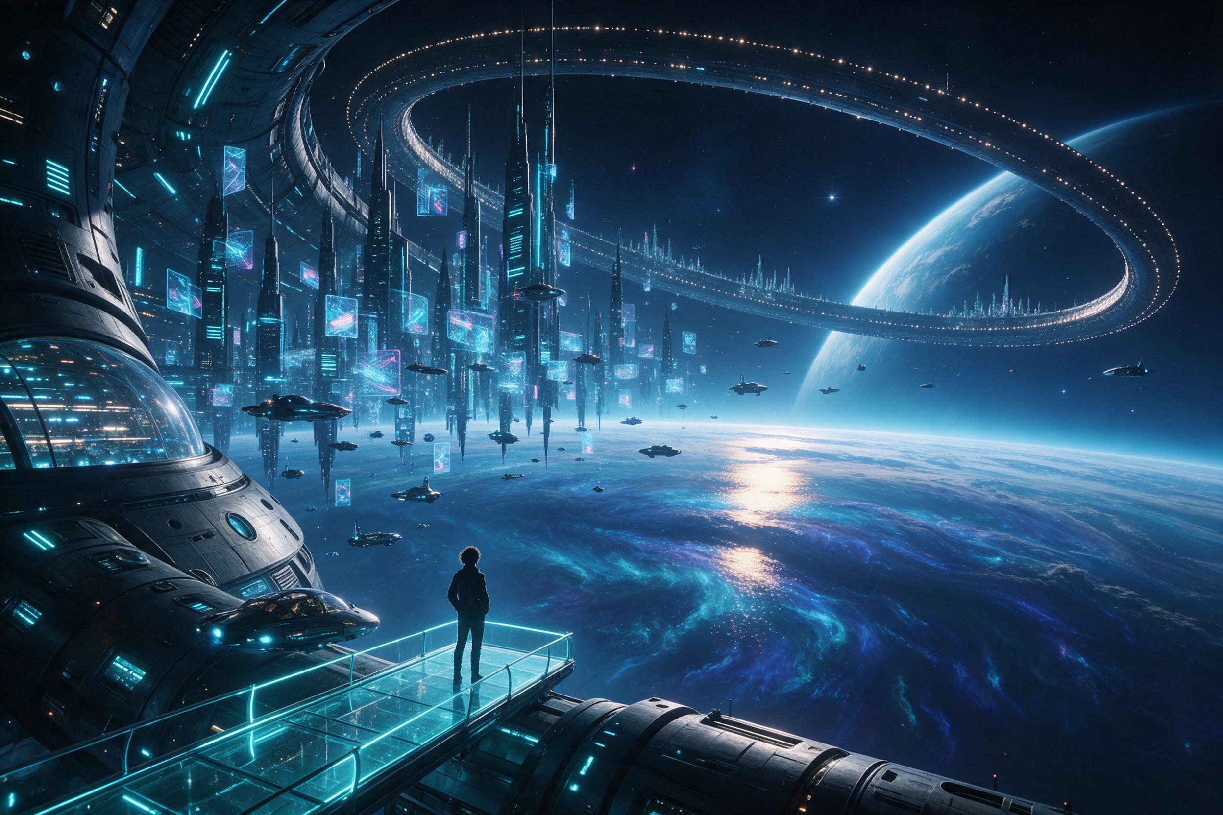 A vast orbital city suspended above a swirling gas giant, its ring of lights reflecting on the clouds. Holographic ads flicker along sleek towers, small shuttles weaving between. Silhouette of a lone figure on a sky-bridge, gazing at the curvature of a blue planet rising on the horizon. Neon cyan an