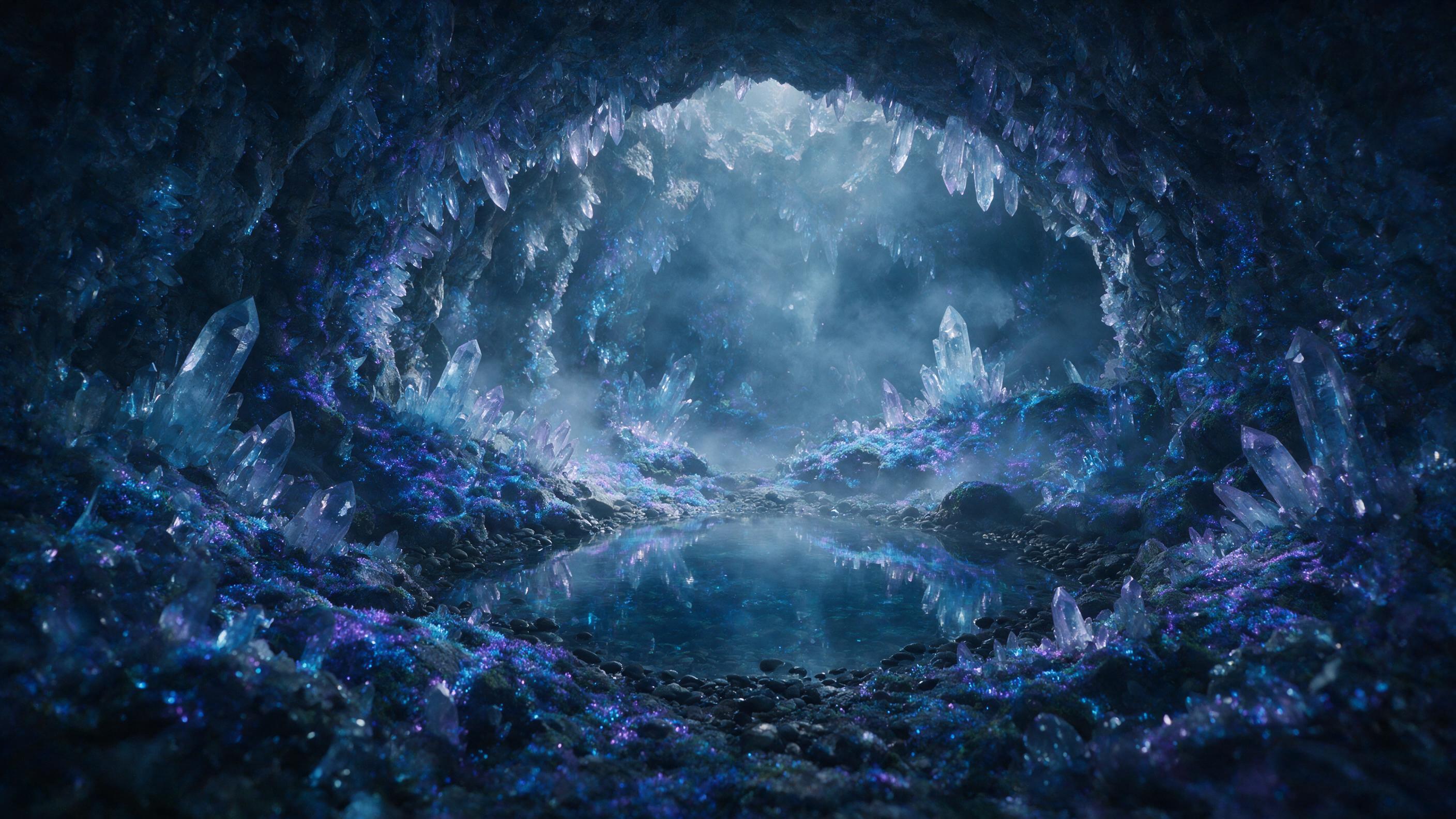 A luminous crystal cave deep underground, glowing blue and purple bioluminescent moss covering jagged rock formations, a small clear pool reflecting the light, misty atmosphere, soft diffuse light from above, ethereal and serene, cinematic composition