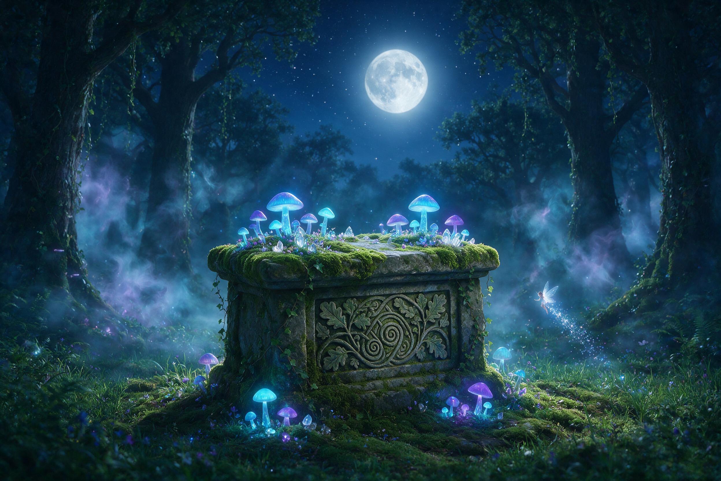 A moonlit forest clearing where bioluminescent mushrooms cast soft blue and violet light on a mossy stone altar. Wisps of glowing mist curl between ancient oaks. A tiny fairy with translucent wings hovers nearby, leaving a trail of sparkling dust. Composition centered on the altar, with the fairy of